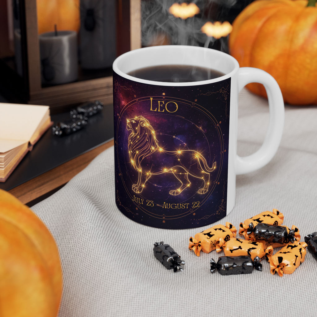 Leo Zodiac Ceramic Mug — Gold Constellation Astrology Coffee Cup (11oz & 15oz)