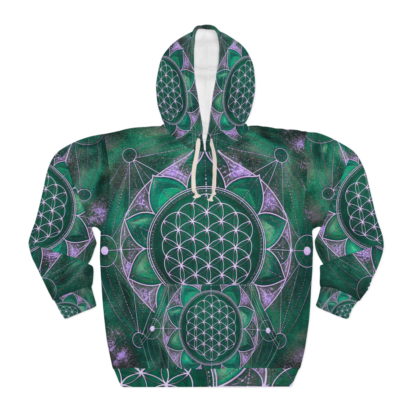 Flower of Life Green Mandala Hoodie – Sacred Geometry All-Over Print Pullover