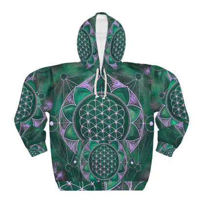 Flower of Life Green Mandala Hoodie – Sacred Geometry All-Over Print Pullover