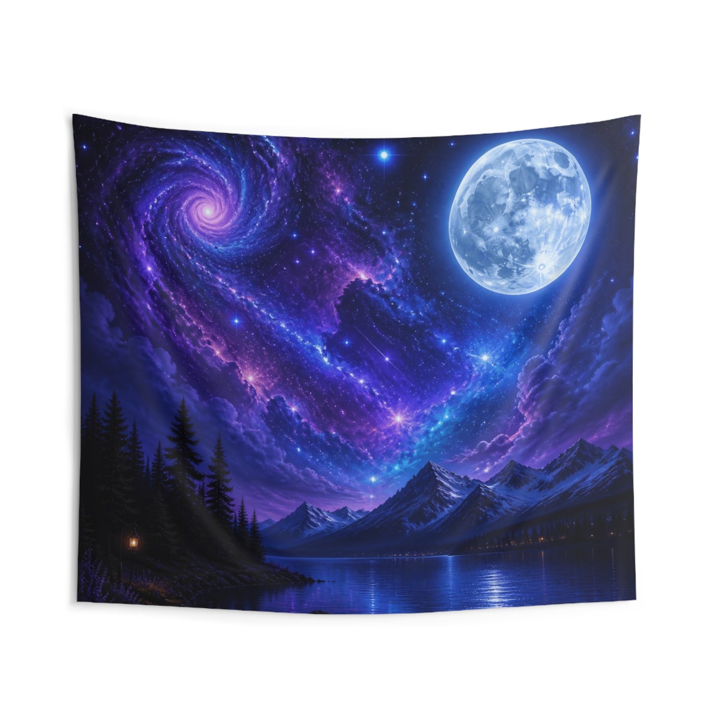 Galaxy Moon Tapestry — Purple Night Sky Mountain Wall Art