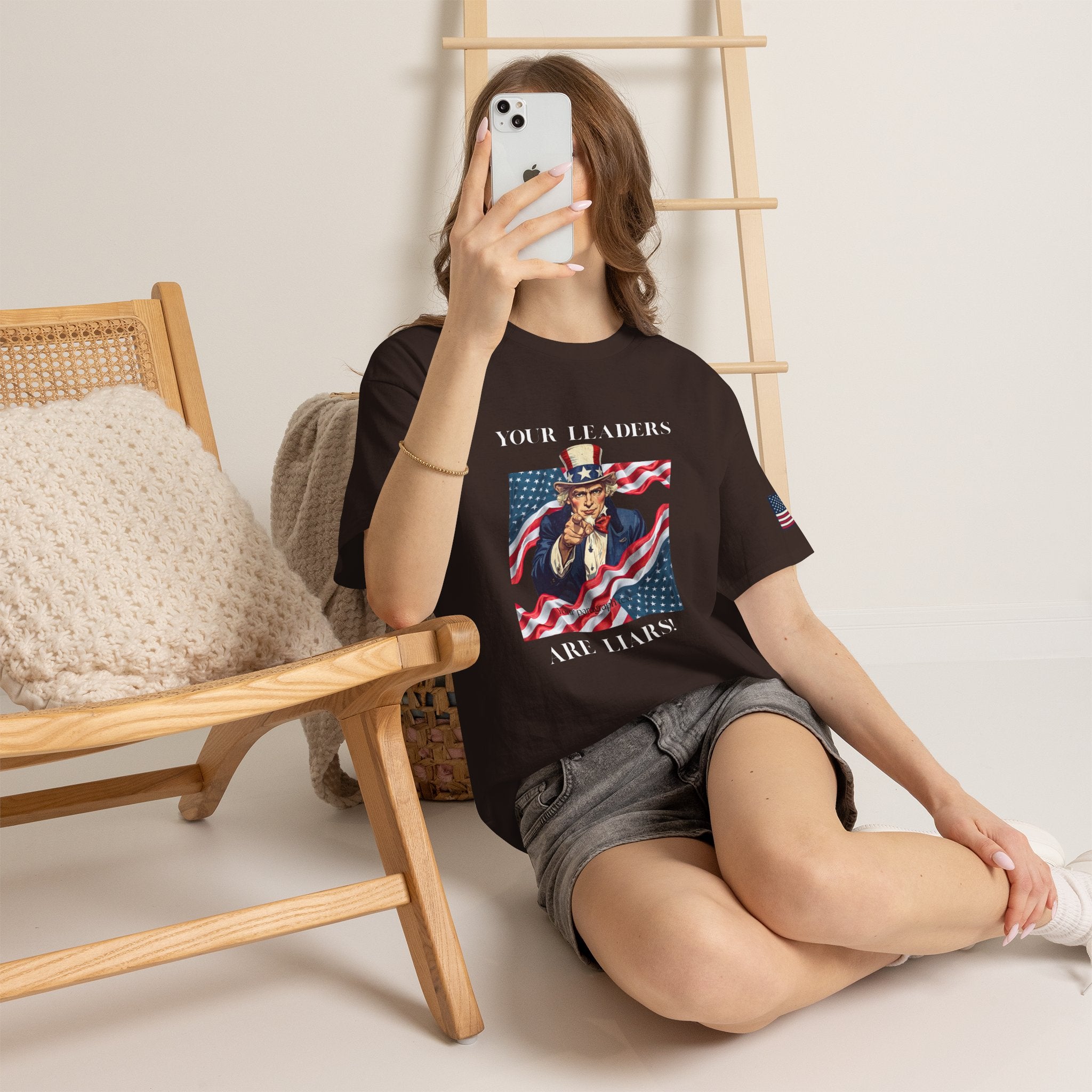 Uncle Sam pointing with American flag background Tee | Your Leaders Are Liars design