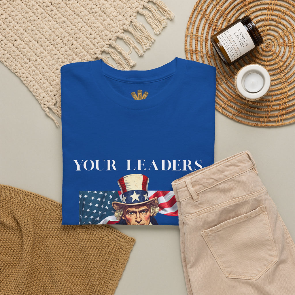 Uncle Sam pointing with American flag background Tee | Your Leaders Are Liars design