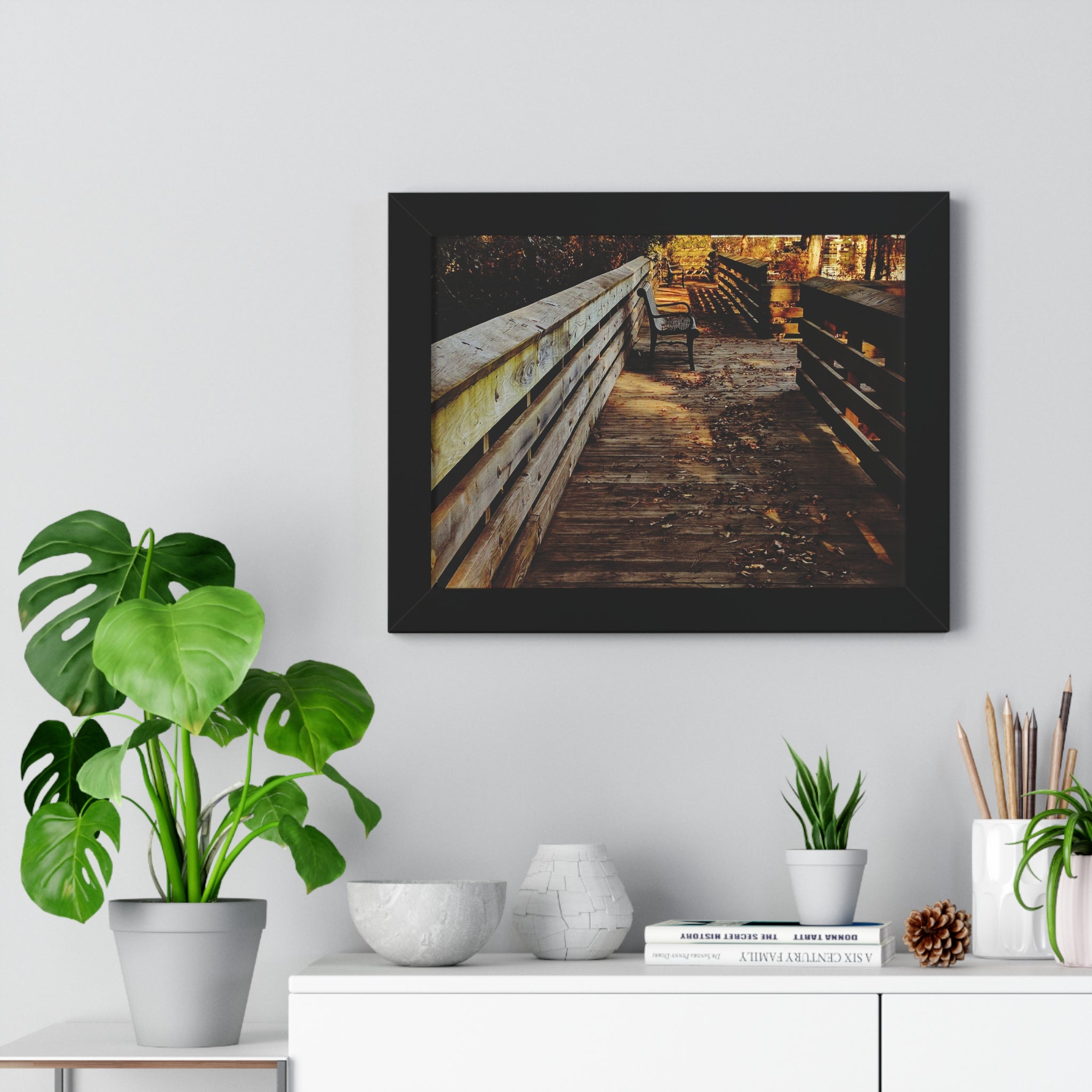 Autumn Boardwalk Framed Horizontal Poster | Fall Pathway Wall Art