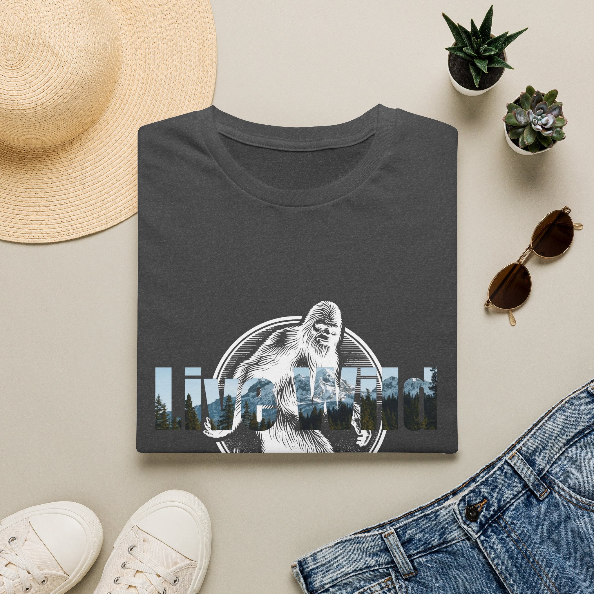 Live Wild Sasquatch T-Shirt | Forest Silhouette Retro Circle Design