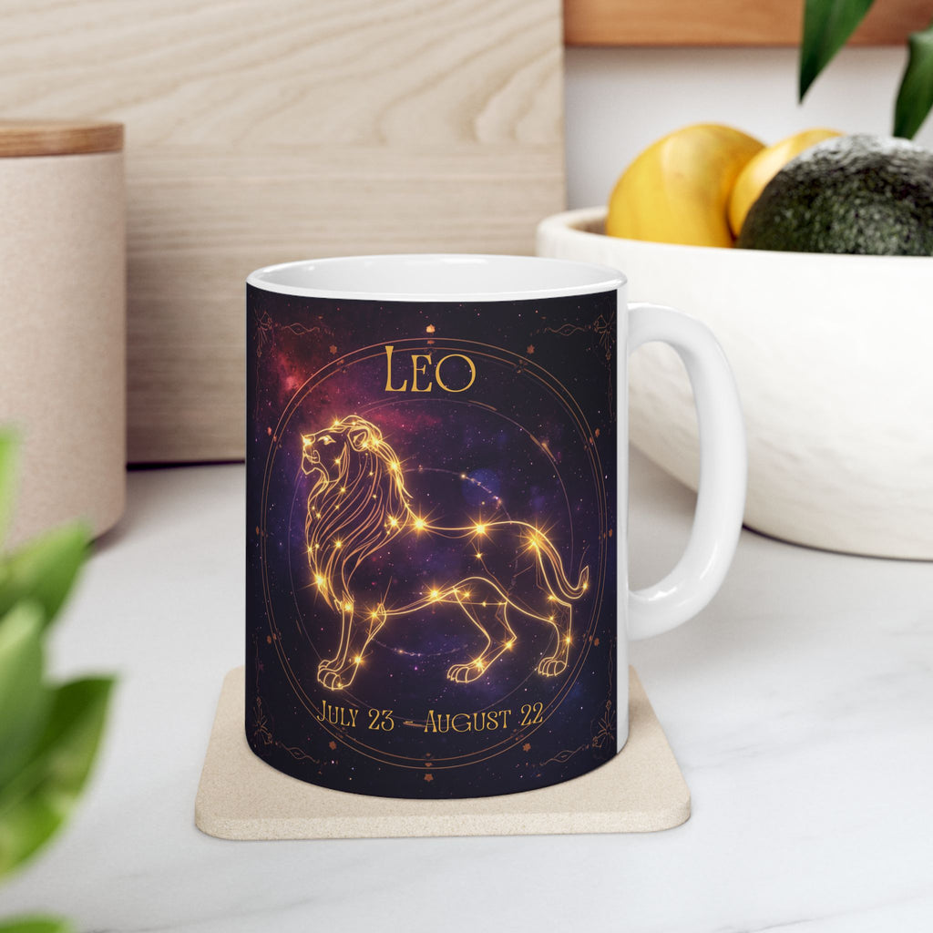Leo Zodiac Ceramic Mug — Gold Constellation Astrology Coffee Cup (11oz & 15oz)