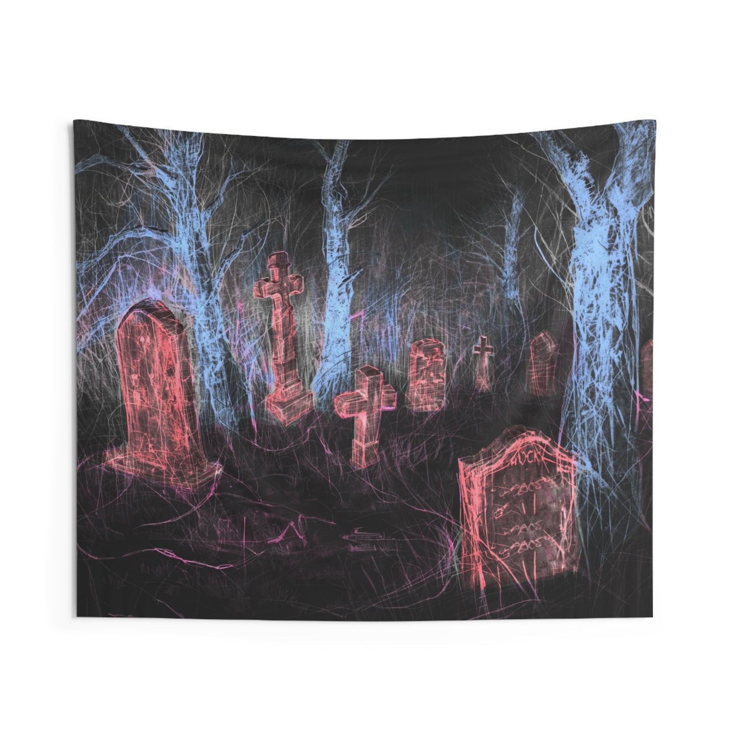 Graveyard Neon Wall Tapestry — Spooky Cemetery Art for Halloween Decor