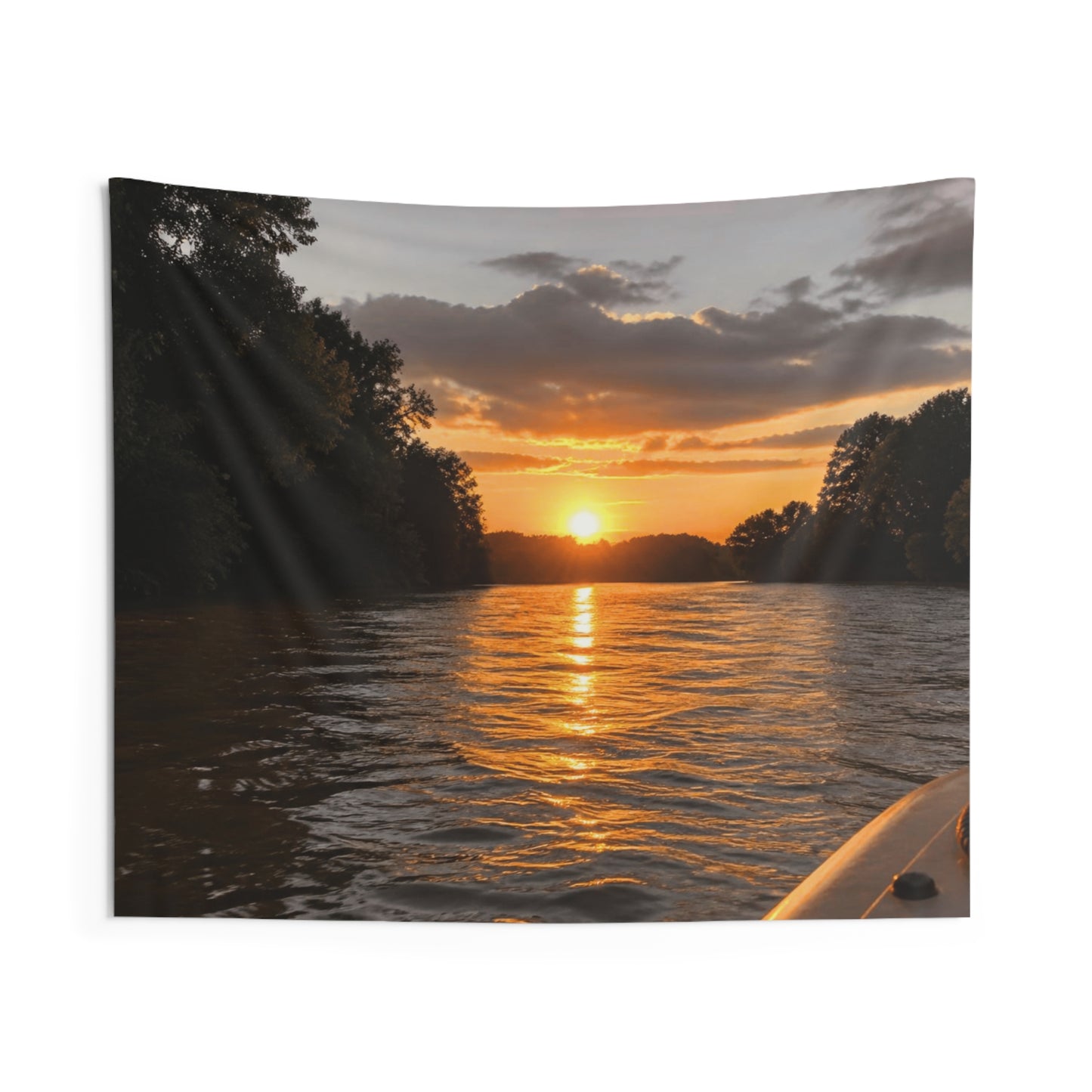 Sunset River Tapestry — Serene Boating Sunset Wall Art