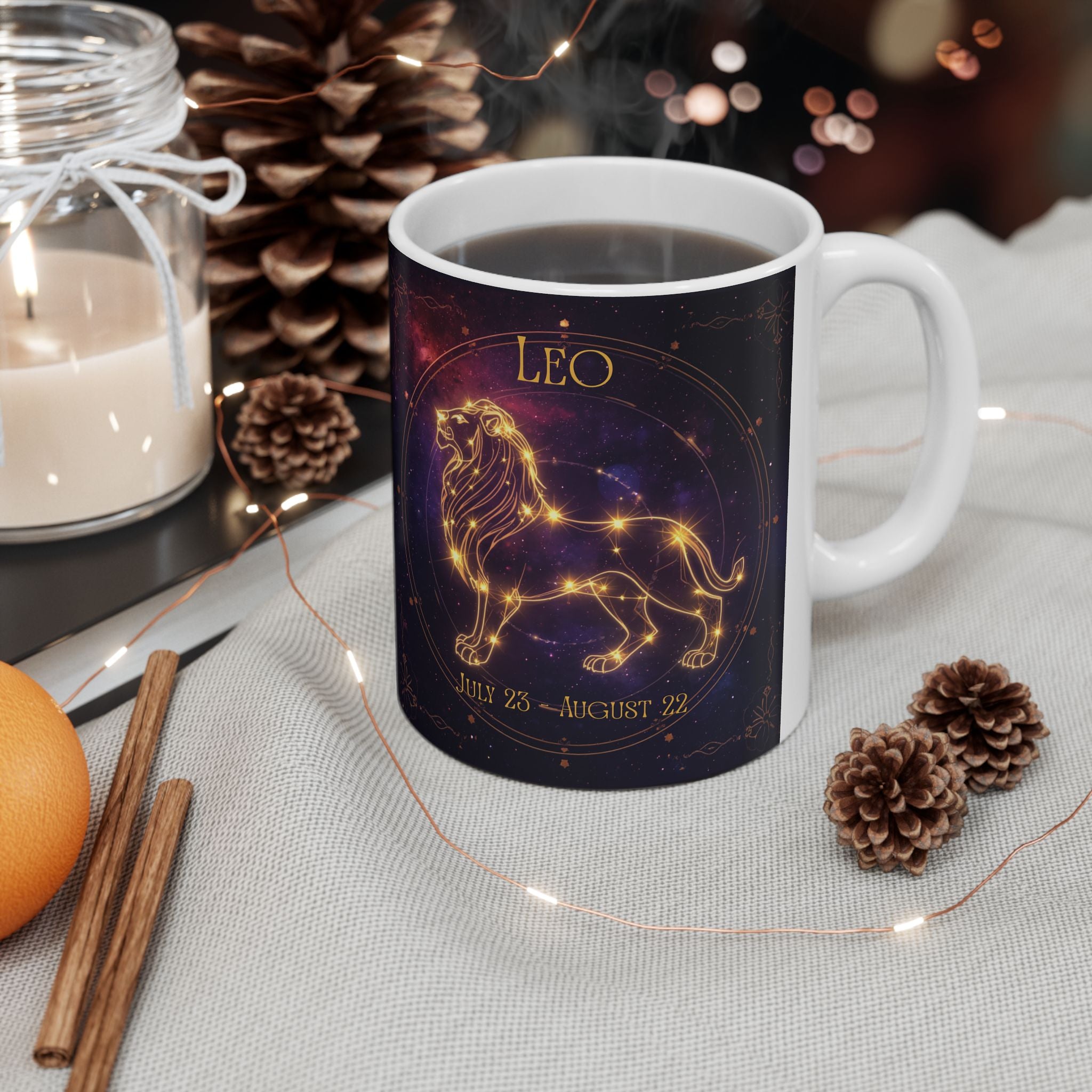 Leo Zodiac Ceramic Mug — Gold Constellation Astrology Coffee Cup (11oz & 15oz)