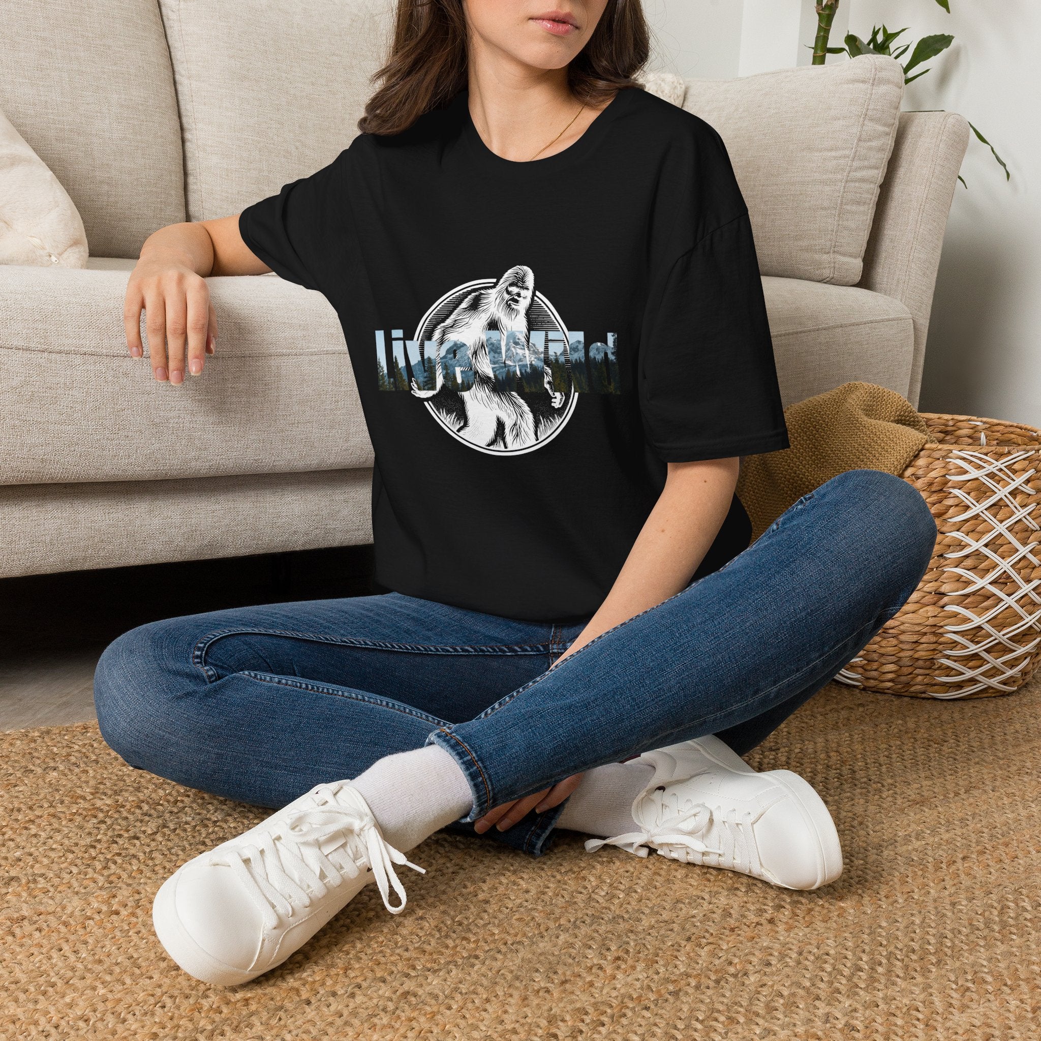 Live Wild Sasquatch T-Shirt | Forest Silhouette Retro Circle Design