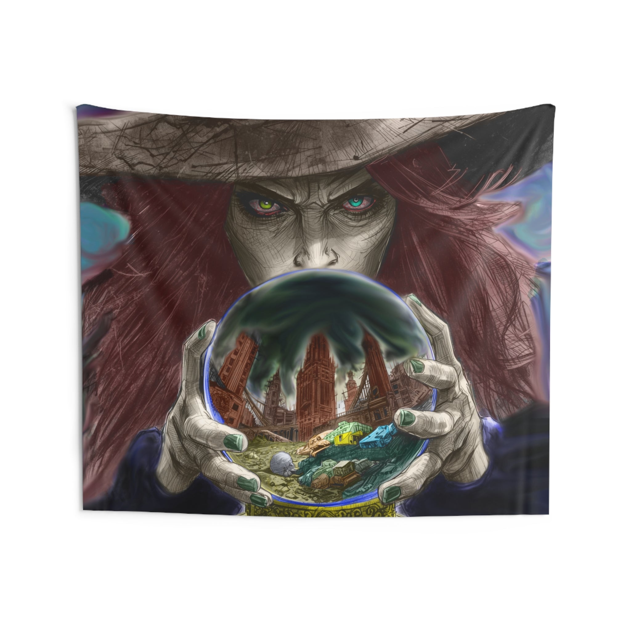 Wicked WitchTapestry — Mystic Witch Holding Crystal Ball Wall Art