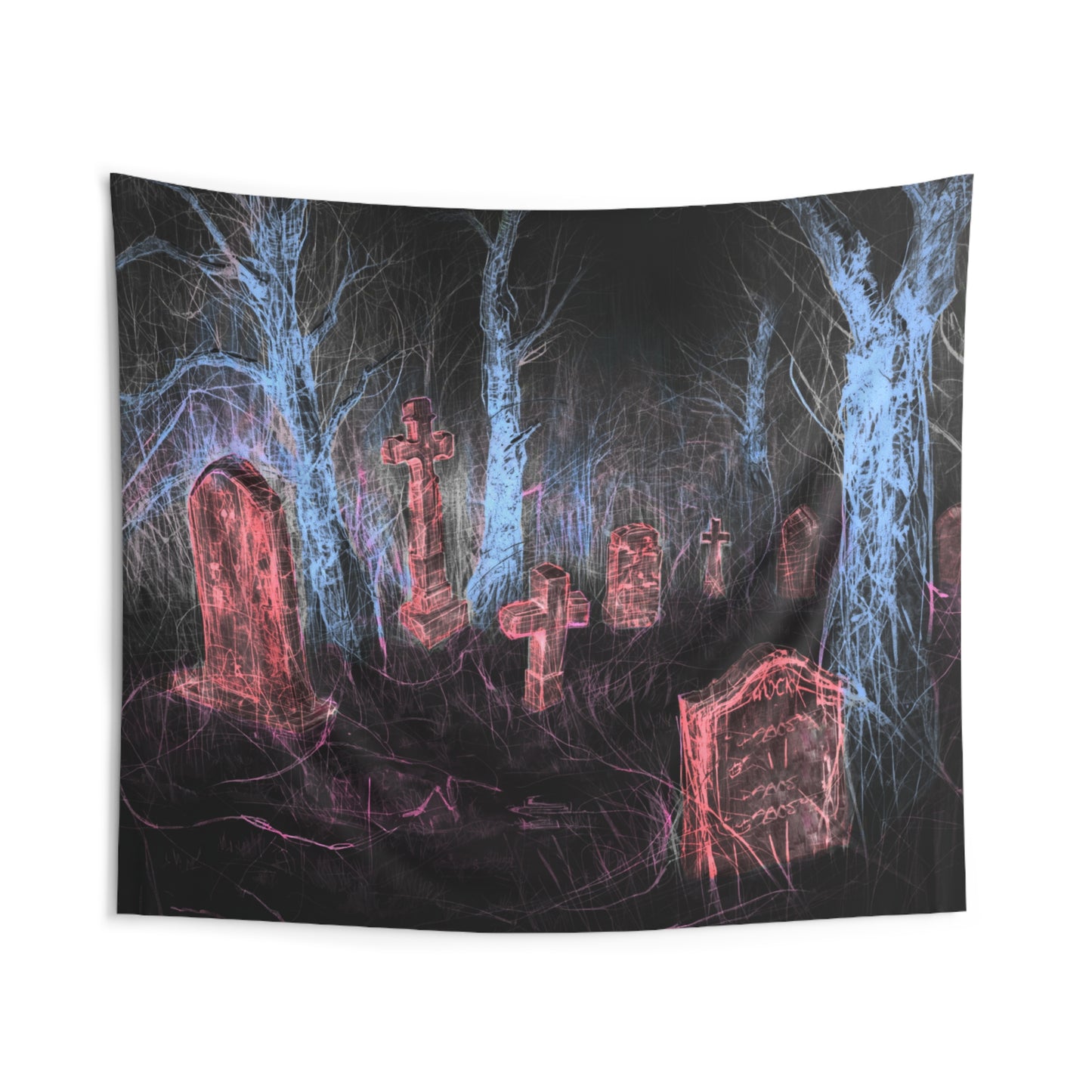 Graveyard Neon Wall Tapestry — Spooky Cemetery Art for Halloween Decor