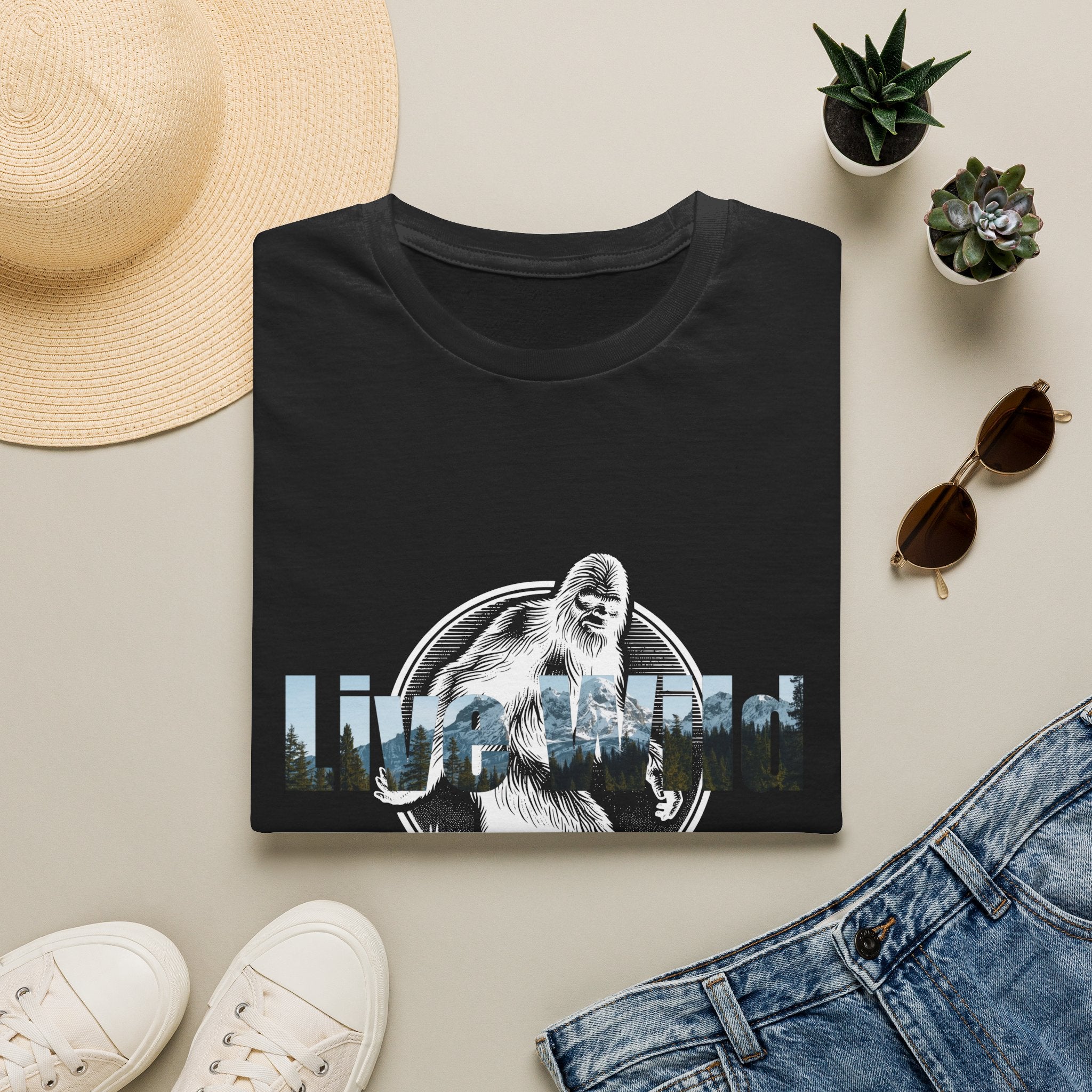 Live Wild Sasquatch T-Shirt | Forest Silhouette Retro Circle Design