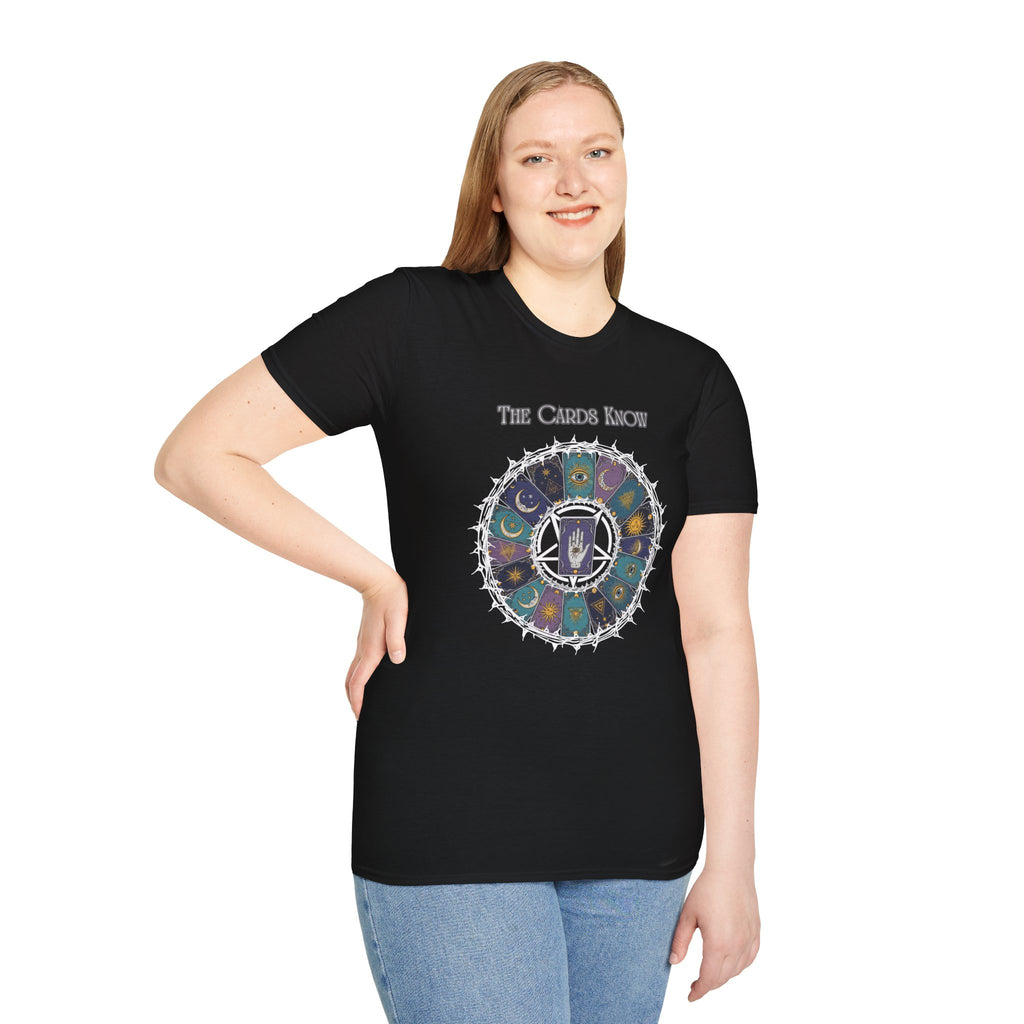 Tarot T-Shirt — "The Cards Know" Mystic Tarot Deck Circle Tee
