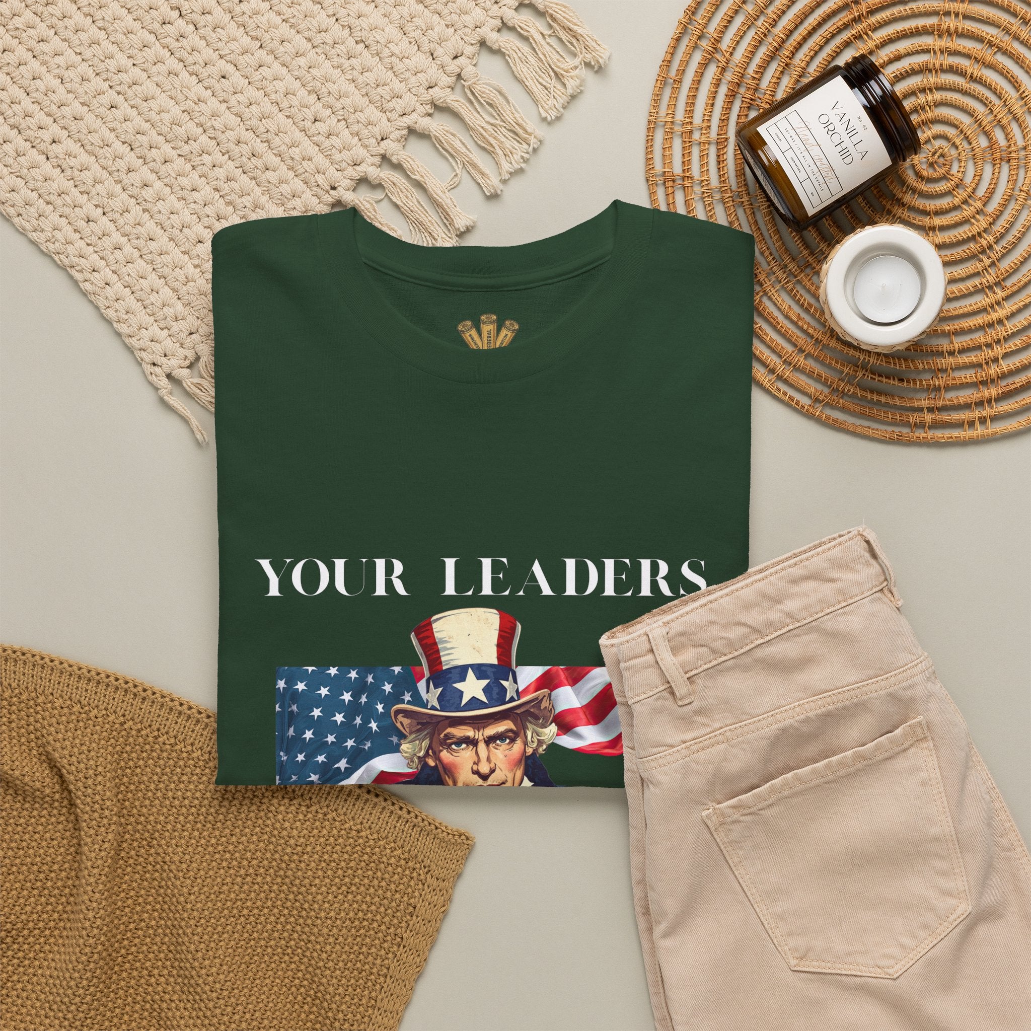 Uncle Sam pointing with American flag background Tee | Your Leaders Are Liars design