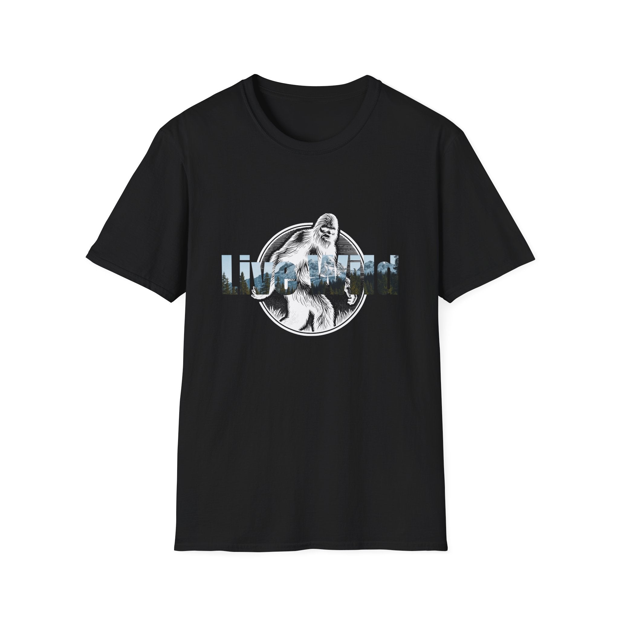 Live Wild Sasquatch T-Shirt | Forest Silhouette Retro Circle Design