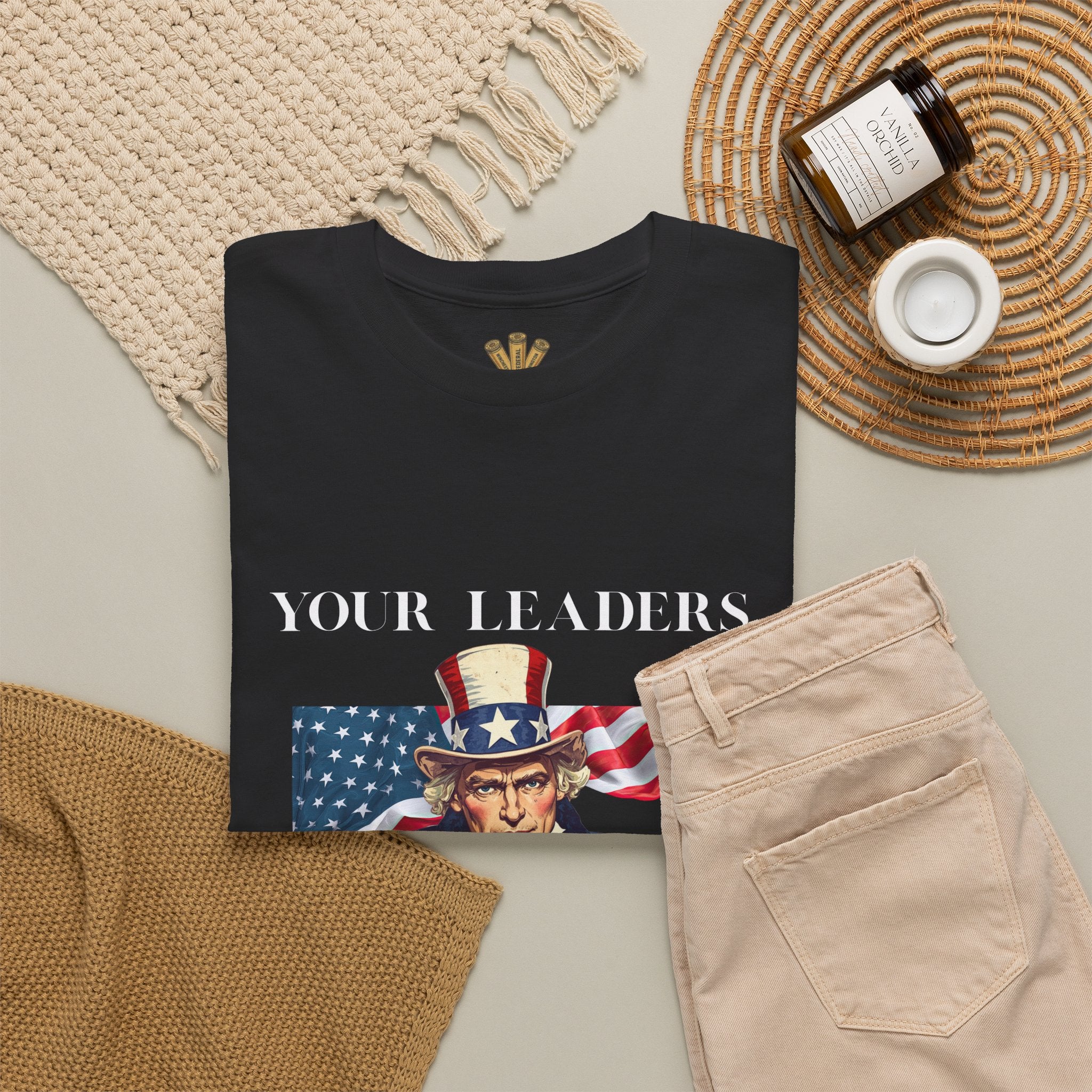 Uncle Sam pointing with American flag background Tee | Your Leaders Are Liars design