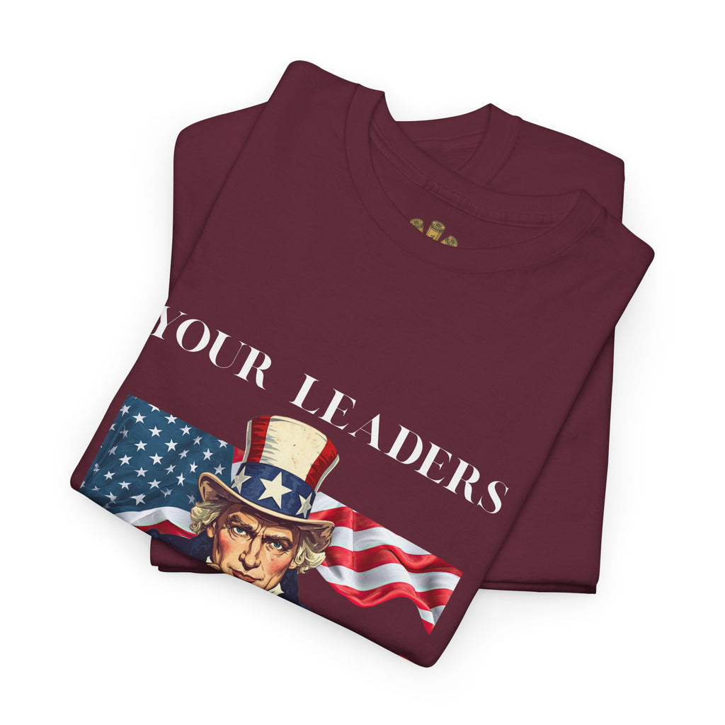 Uncle Sam pointing with American flag background Tee | Your Leaders Are Liars design