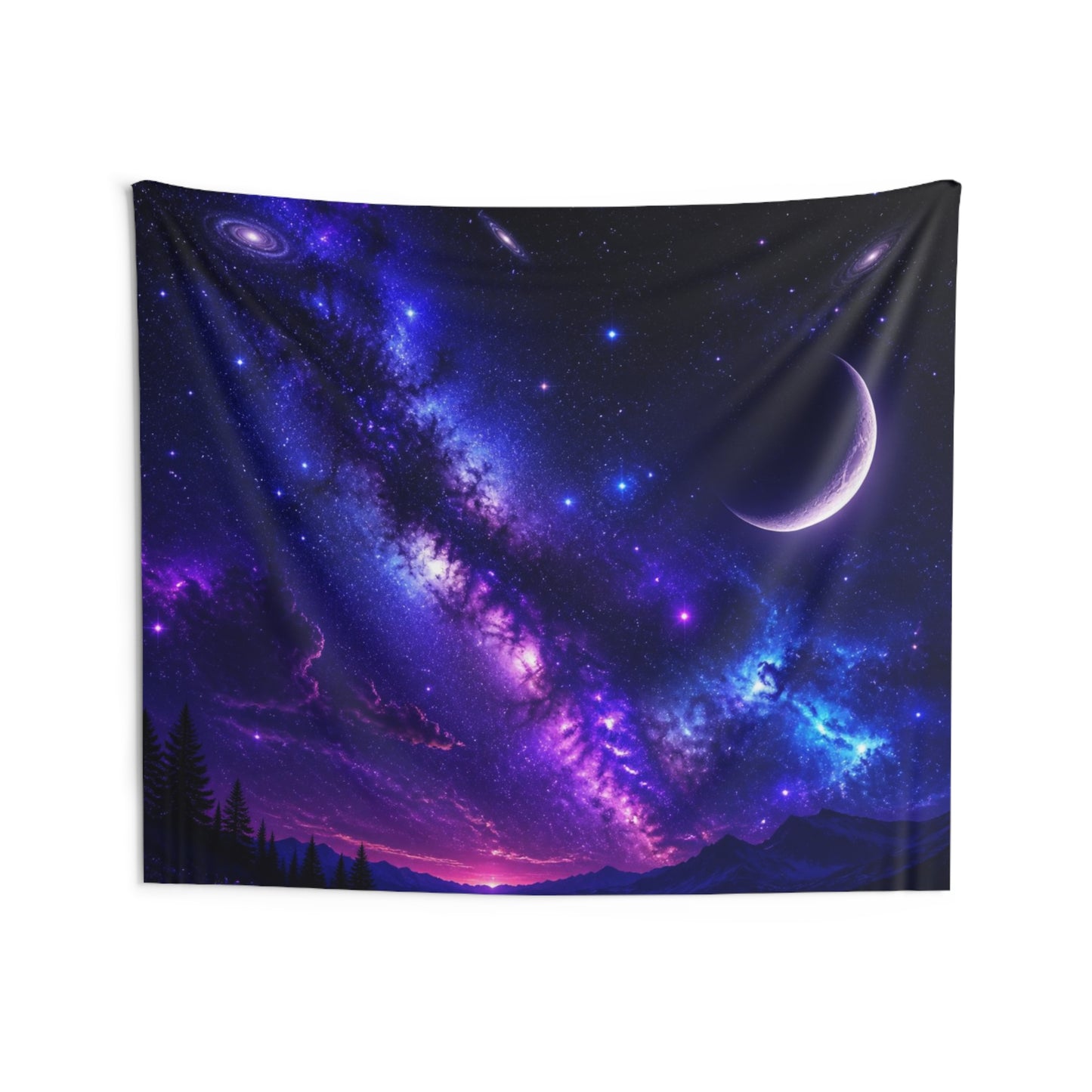 Galaxy Night Sky Tapestry — Crescent Moon & Milky Way Wall Art