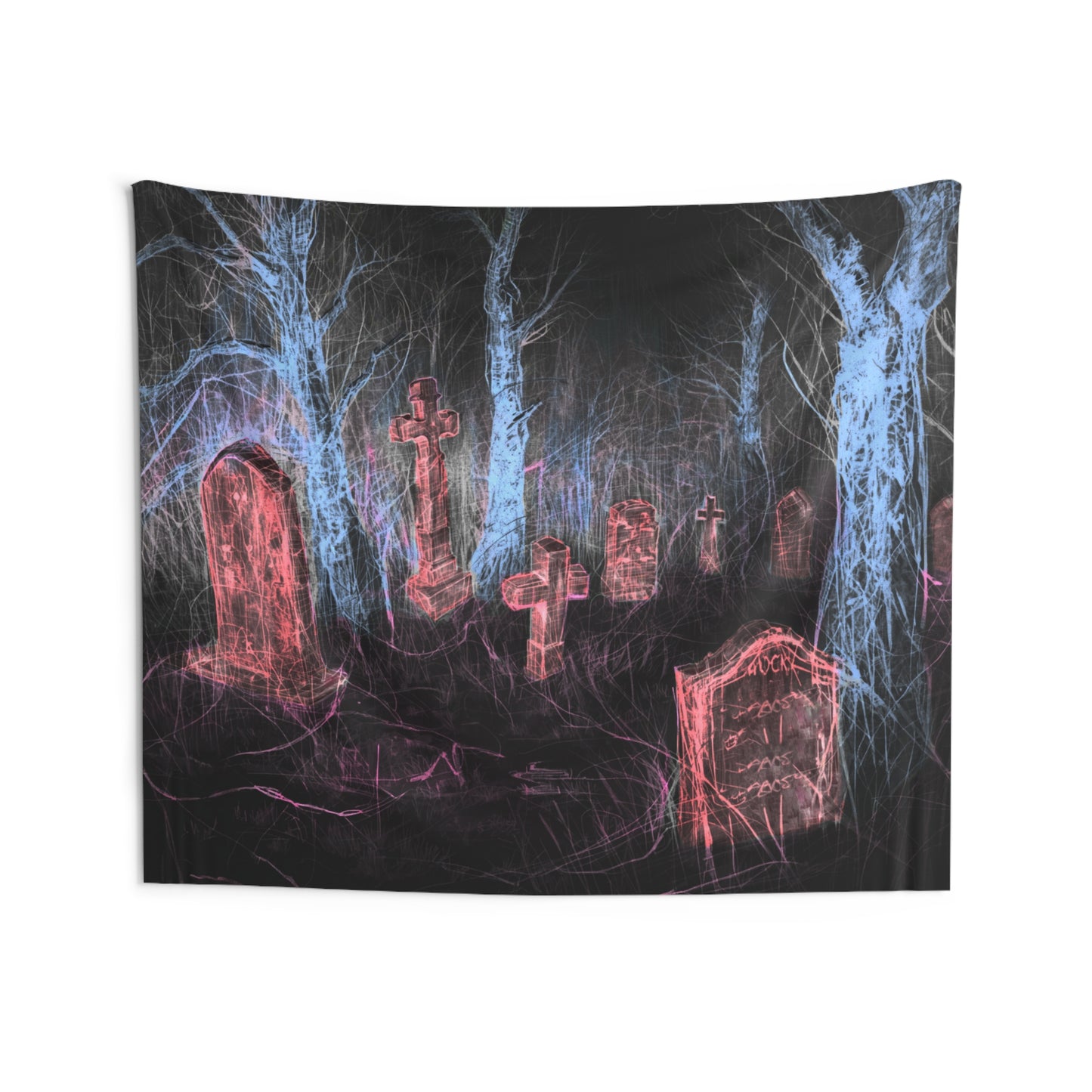 Graveyard Neon Wall Tapestry — Spooky Cemetery Art for Halloween Decor