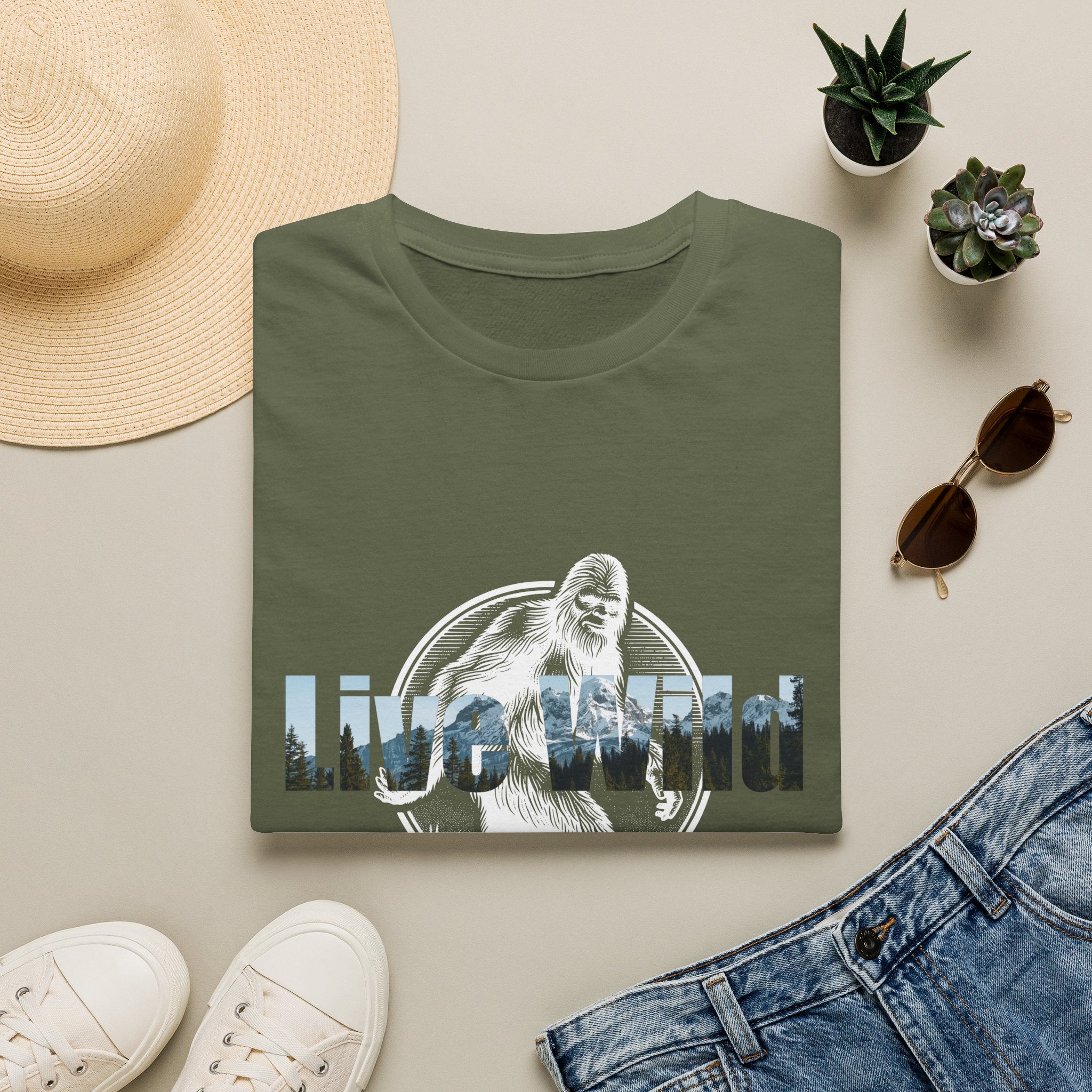 Live Wild Sasquatch T-Shirt | Forest Silhouette Retro Circle Design