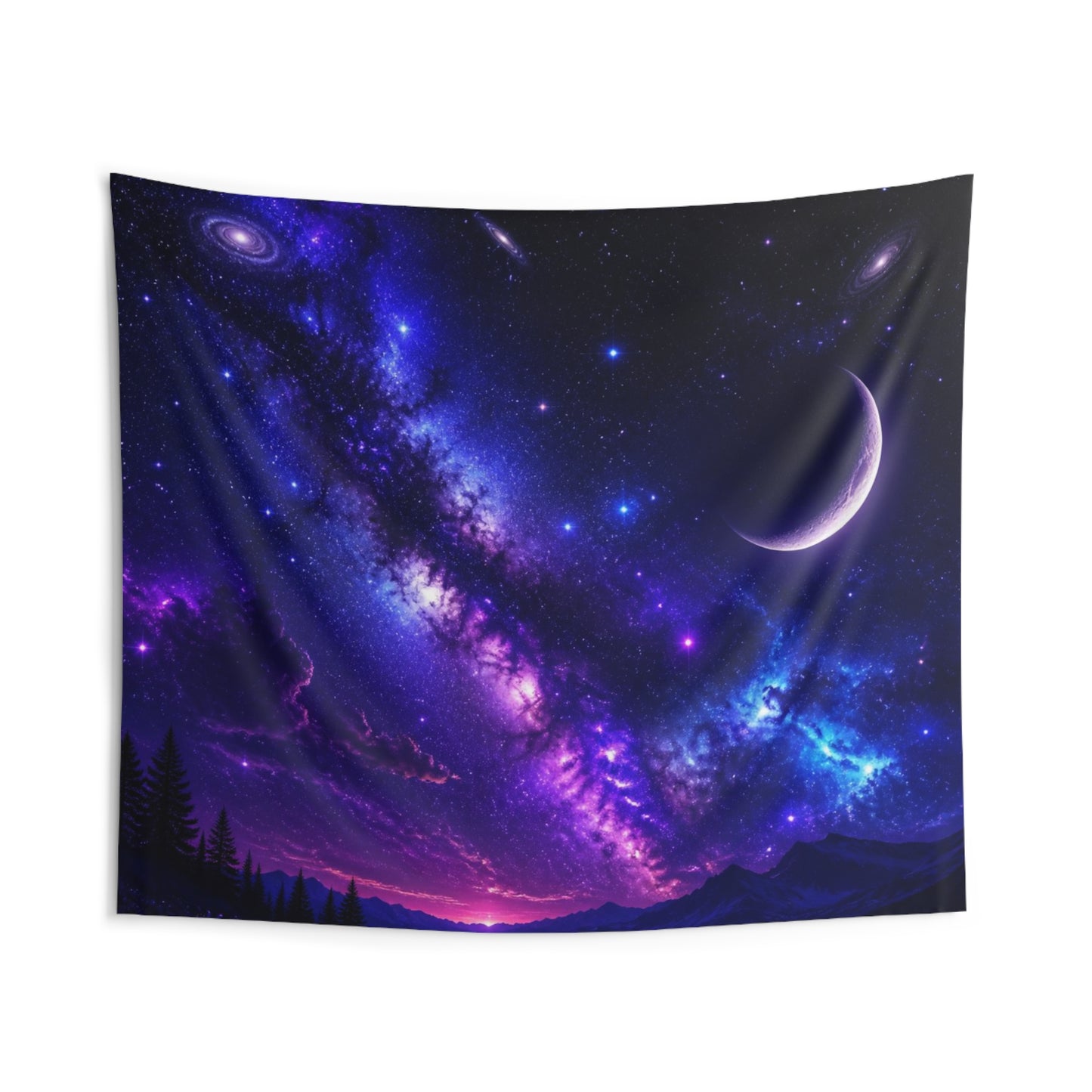Galaxy Night Sky Tapestry — Crescent Moon & Milky Way Wall Art