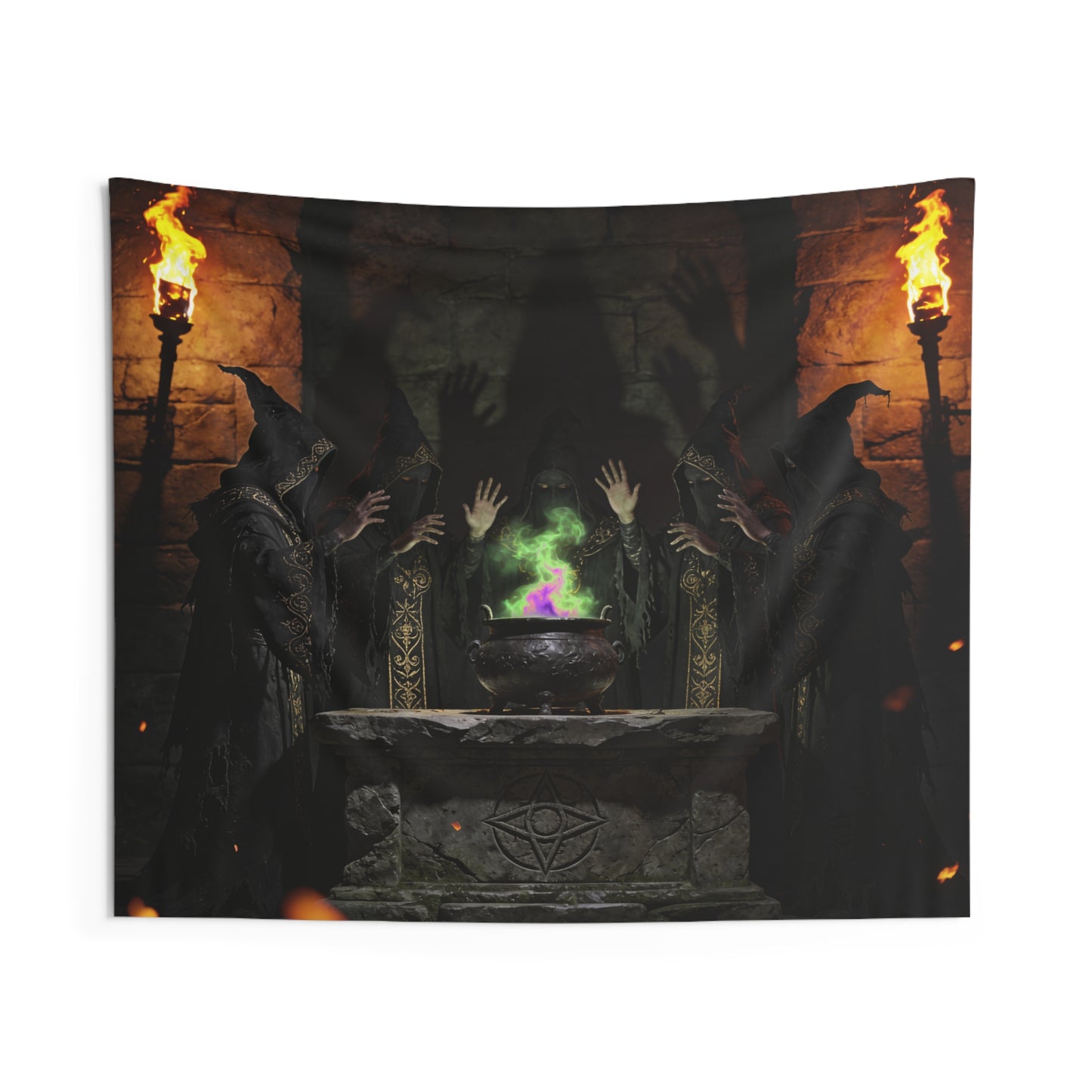 Ritual Sorcerers Wall Tapestry — Gothic Cauldron & Hooded Figures Tapestry