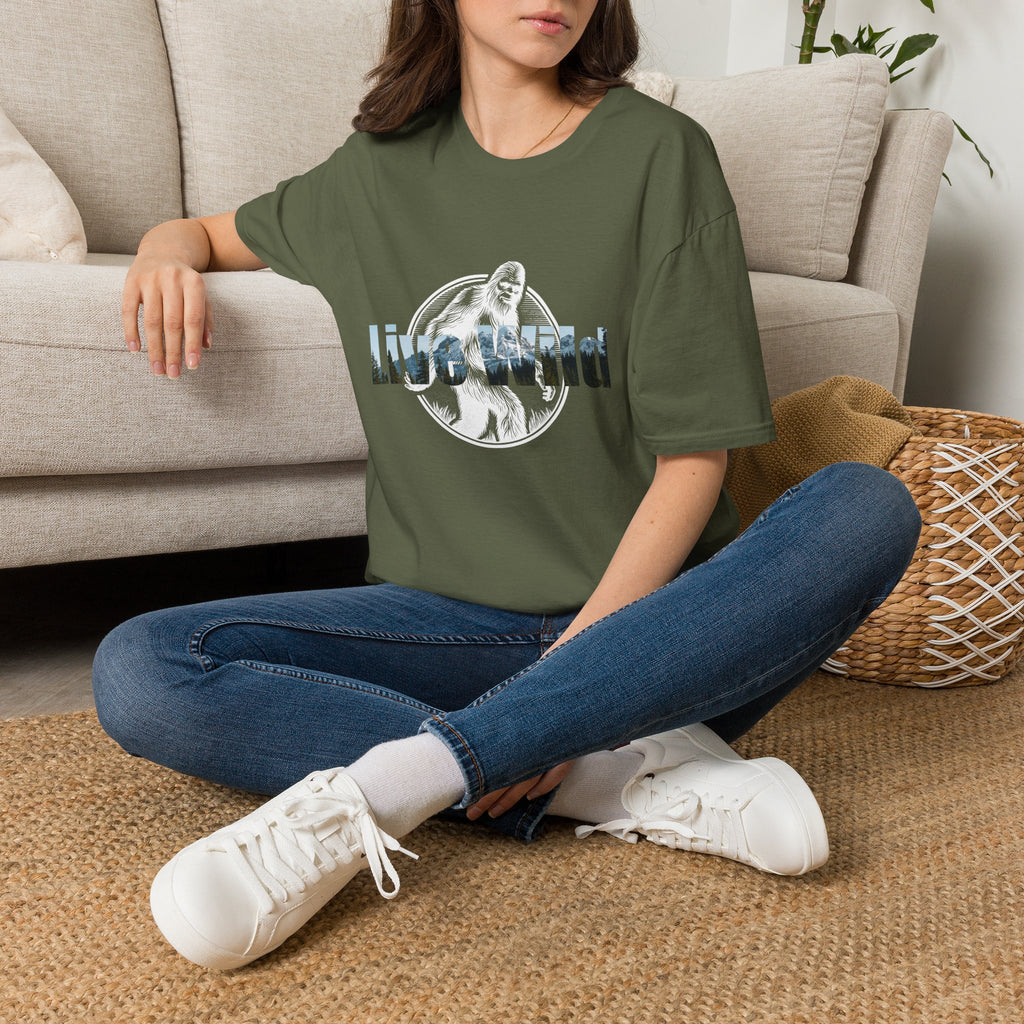 Live Wild Sasquatch T-Shirt | Forest Silhouette Retro Circle Design