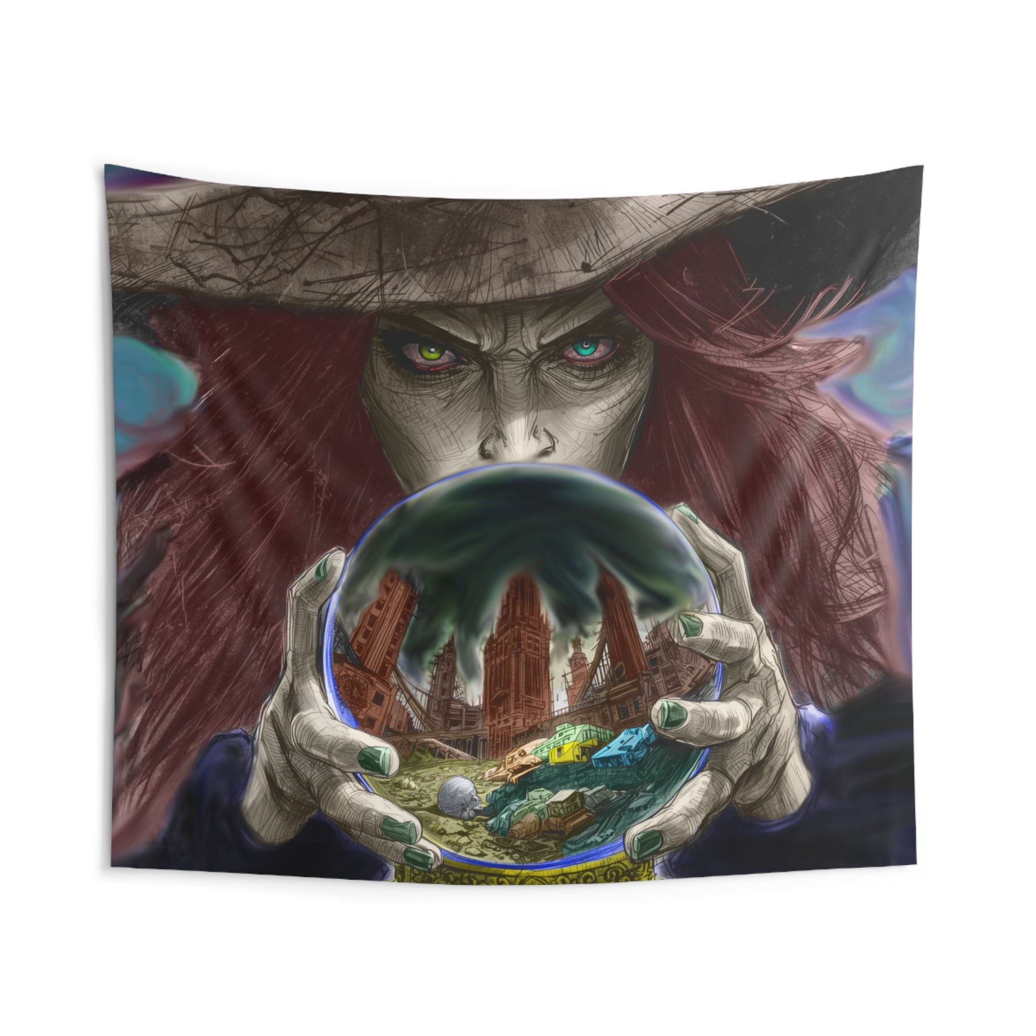 Wicked WitchTapestry — Mystic Witch Holding Crystal Ball Wall Art