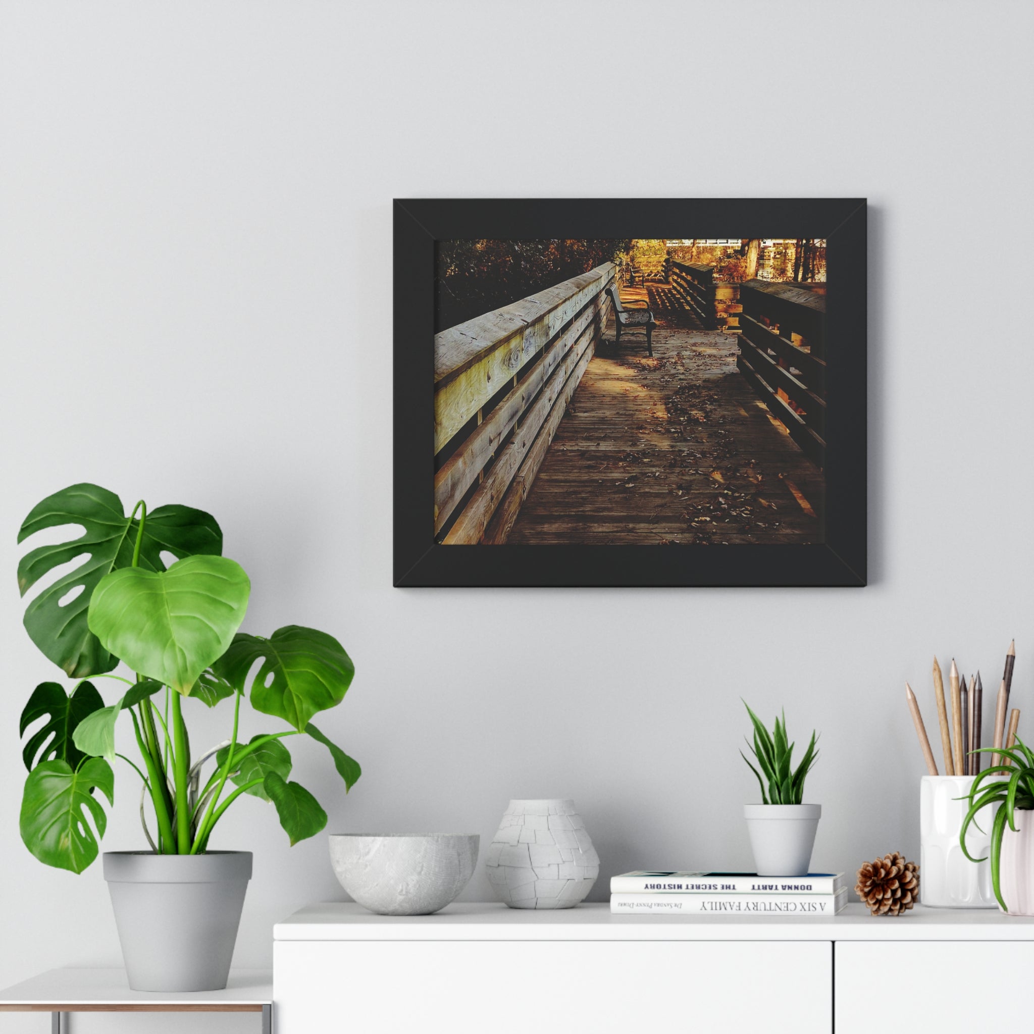 Autumn Boardwalk Framed Horizontal Poster | Fall Pathway Wall Art