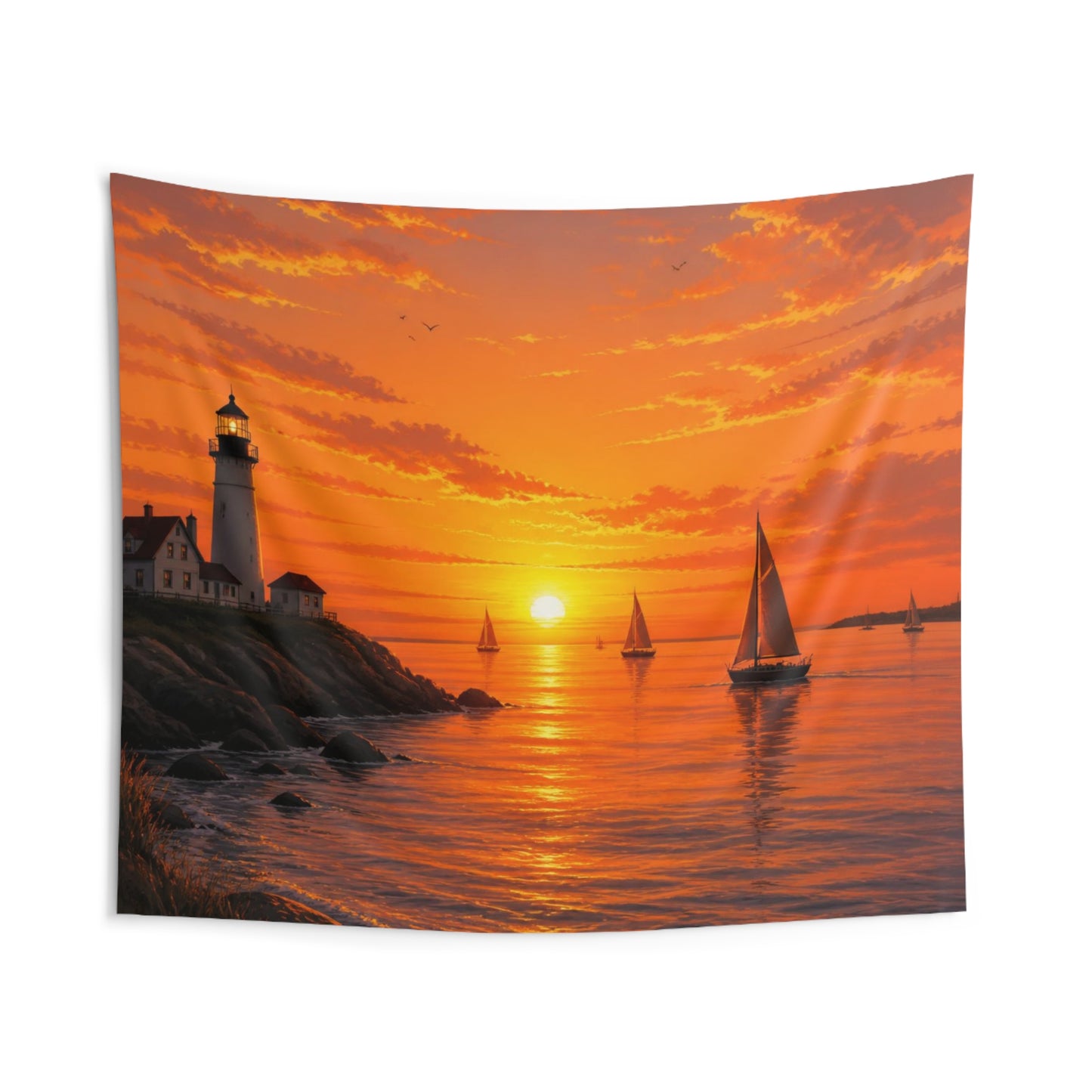 Sunset Lighthouse Tapestry — Coastal Sailboat Wall Art