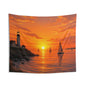 Sunset Lighthouse Tapestry — Coastal Sailboat Wall Art