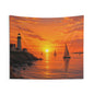 Sunset Lighthouse Tapestry — Coastal Sailboat Wall Art