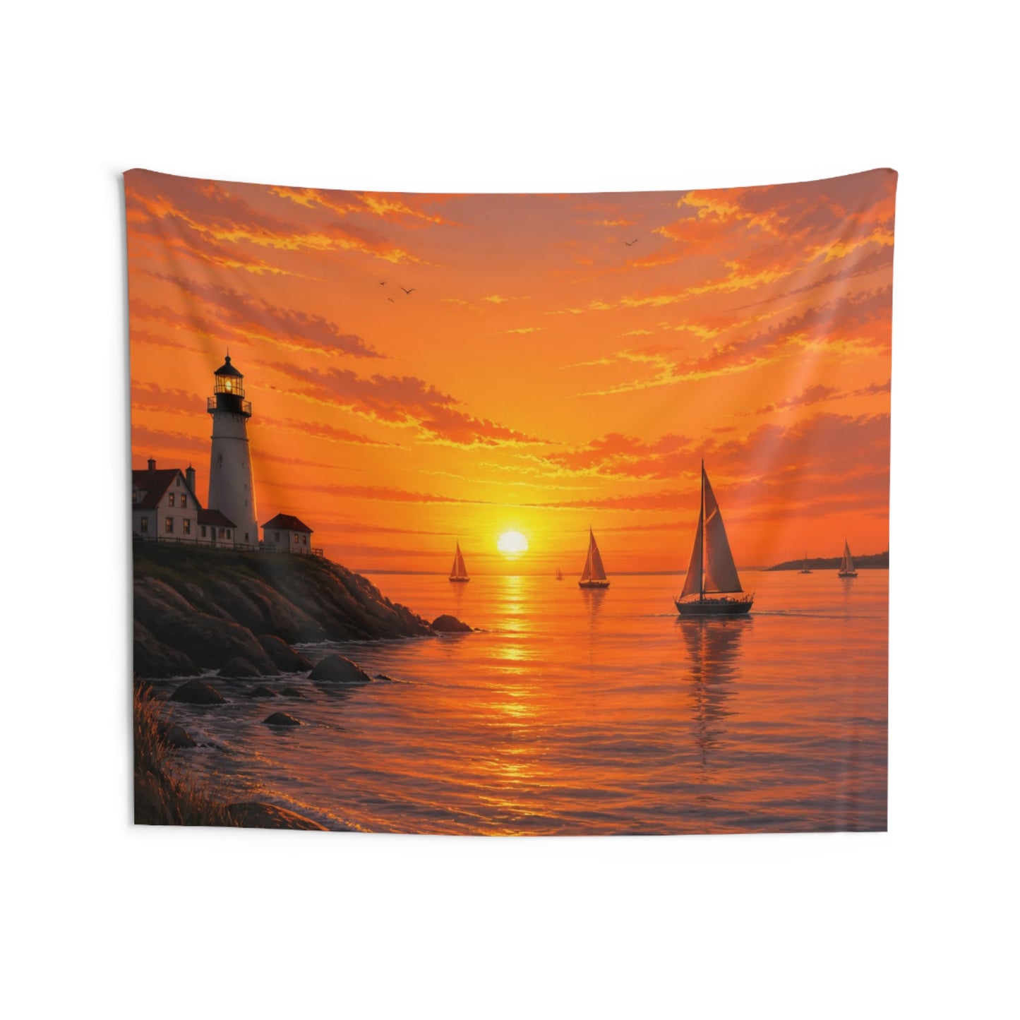 Sunset Lighthouse Tapestry — Coastal Sailboat Wall Art