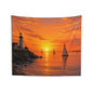 Sunset Lighthouse Tapestry — Coastal Sailboat Wall Art