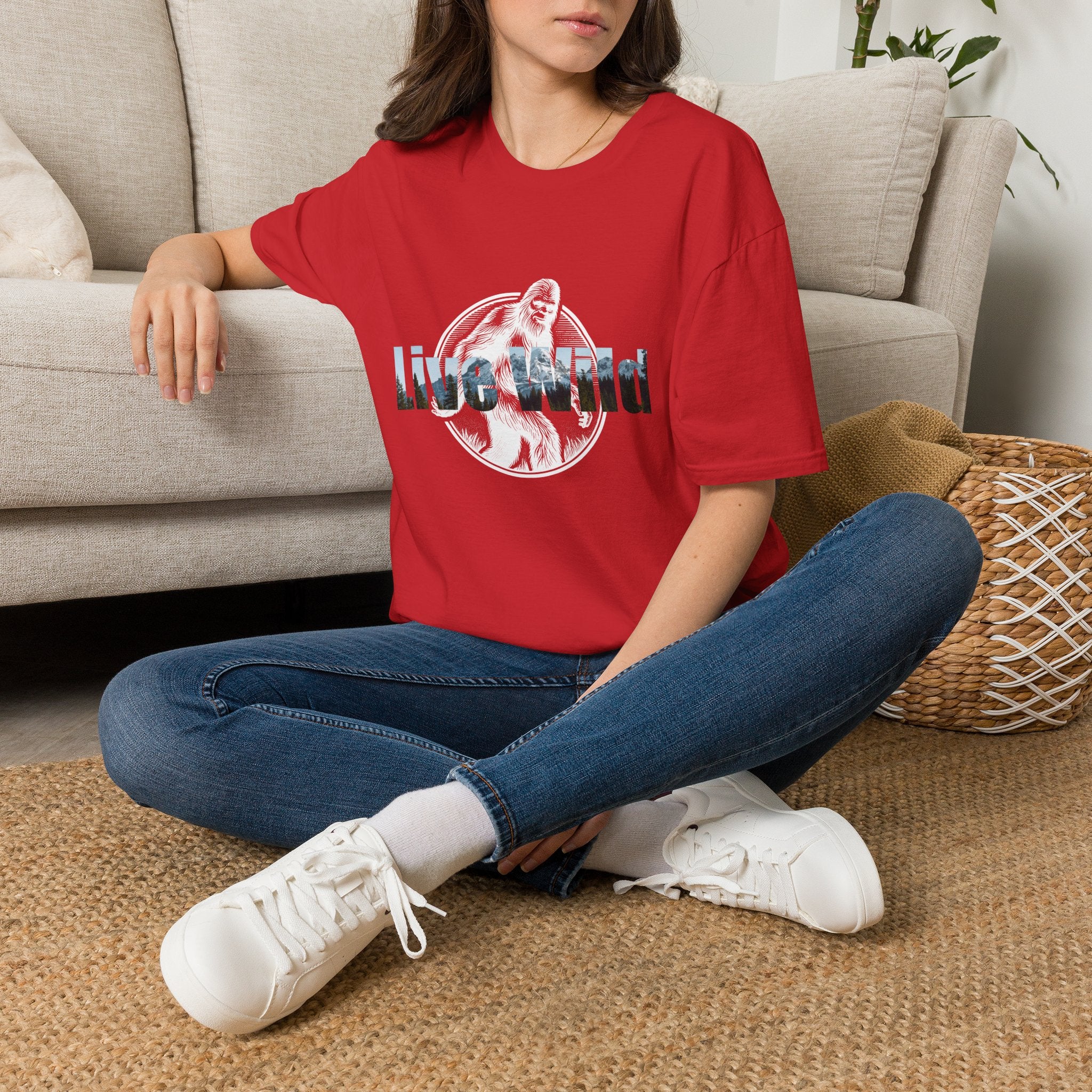 Live Wild Sasquatch T-Shirt | Forest Silhouette Retro Circle Design