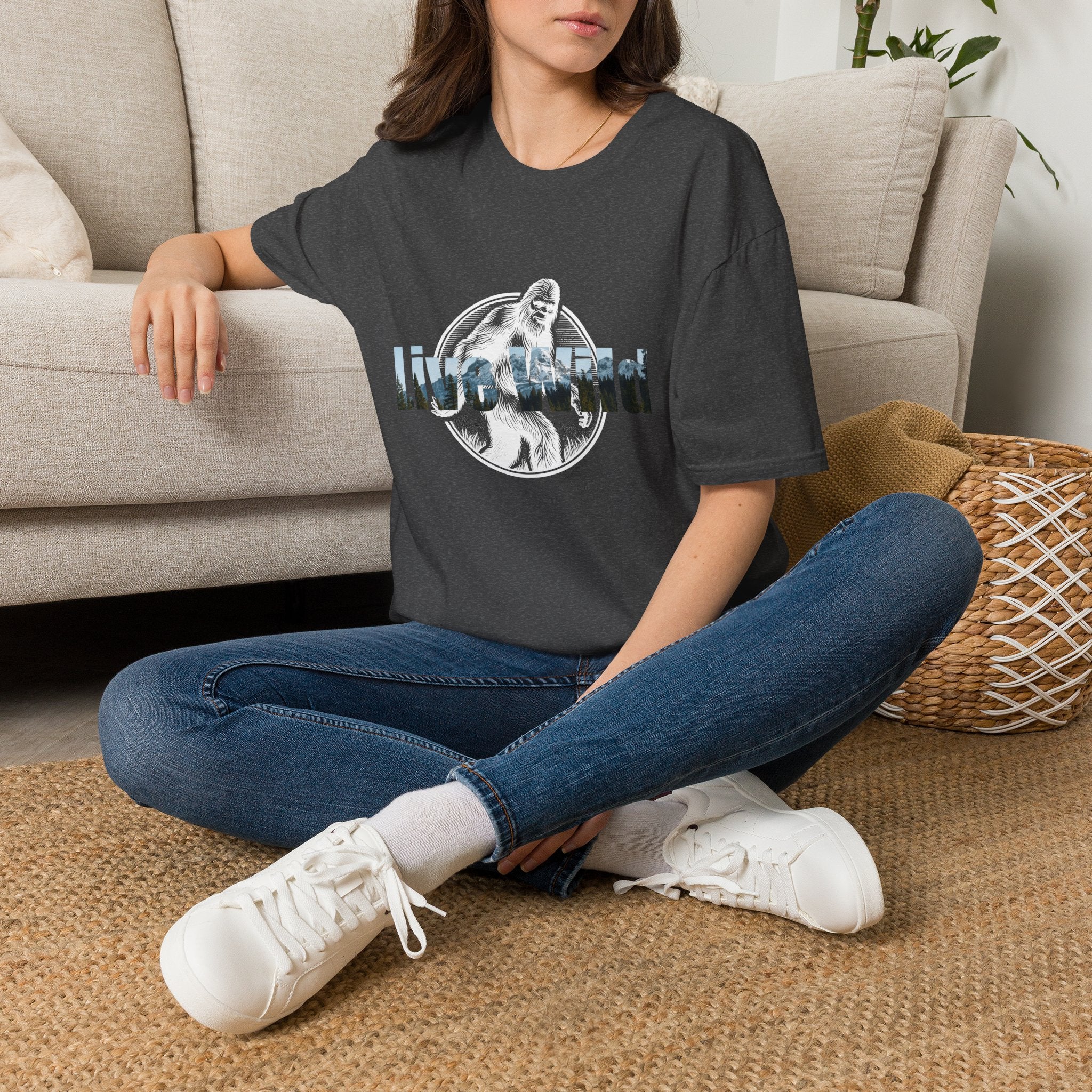 Live Wild Sasquatch T-Shirt | Forest Silhouette Retro Circle Design
