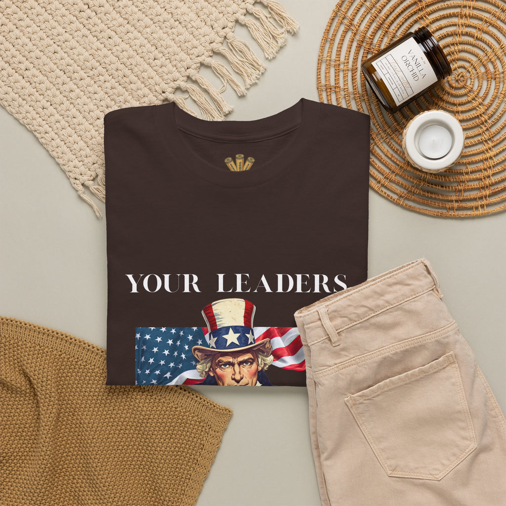 Uncle Sam pointing with American flag background Tee | Your Leaders Are Liars design