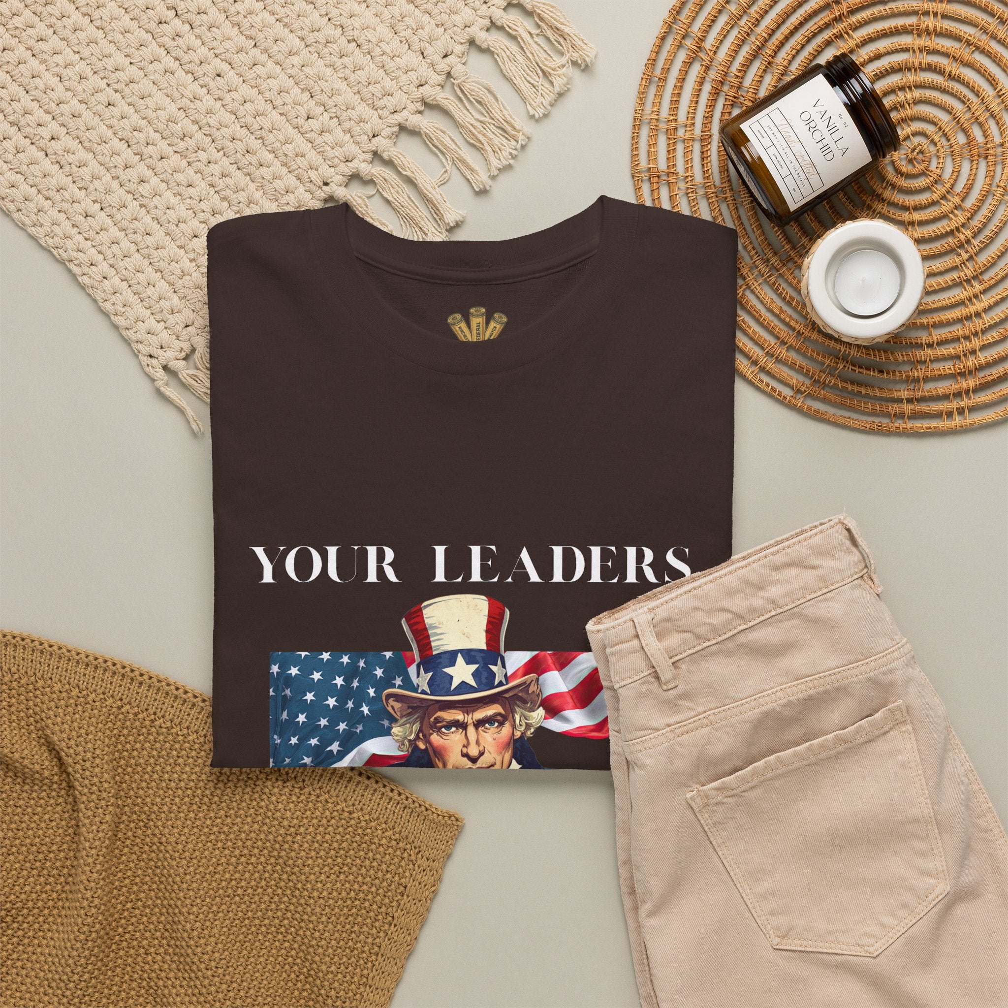 Uncle Sam pointing with American flag background Tee | Your Leaders Are Liars design