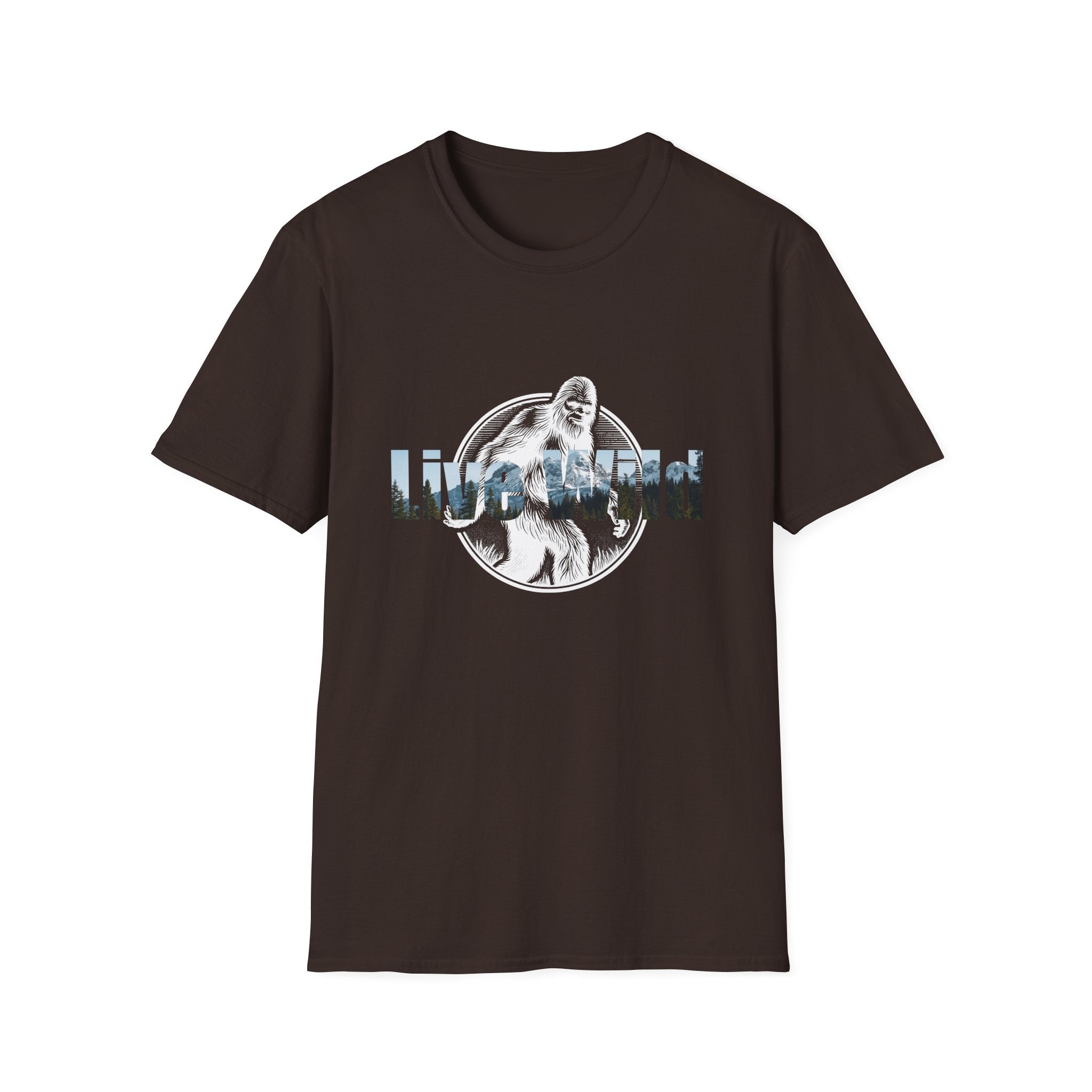 Live Wild Sasquatch T-Shirt | Forest Silhouette Retro Circle Design
