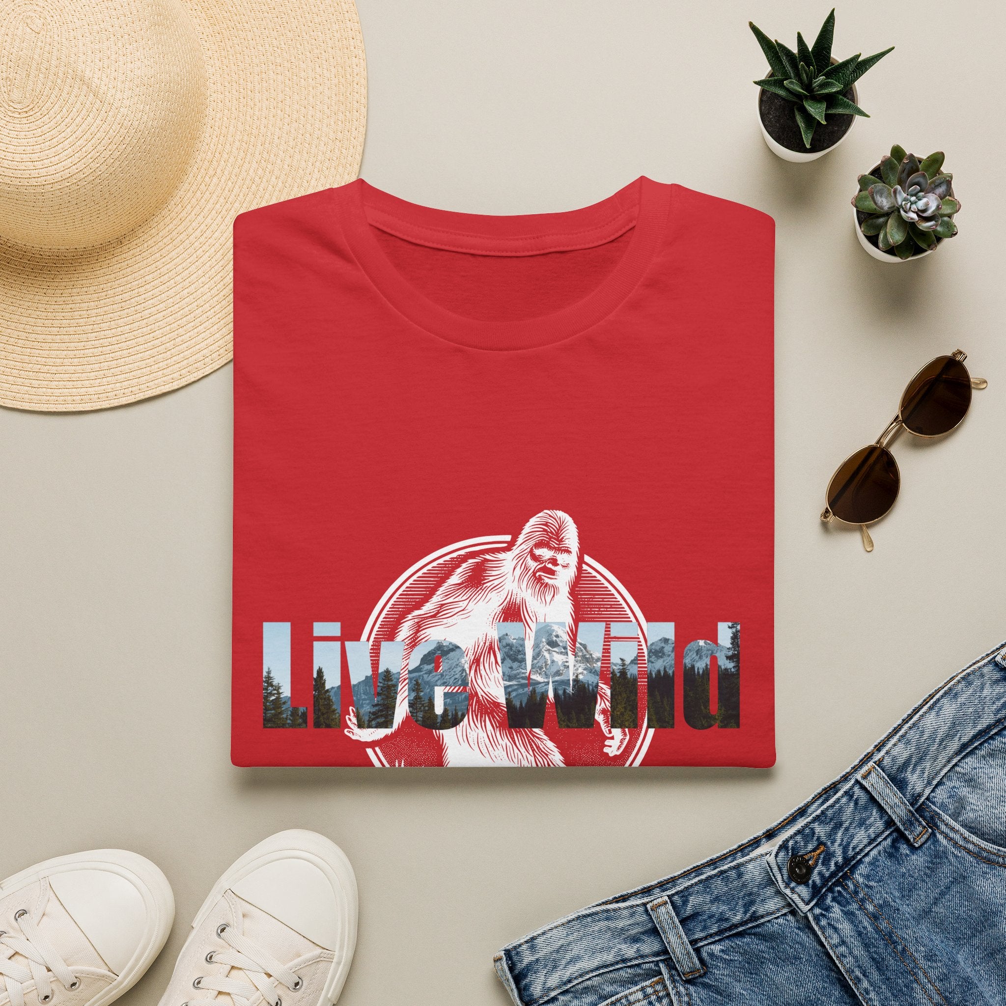 Live Wild Sasquatch T-Shirt | Forest Silhouette Retro Circle Design