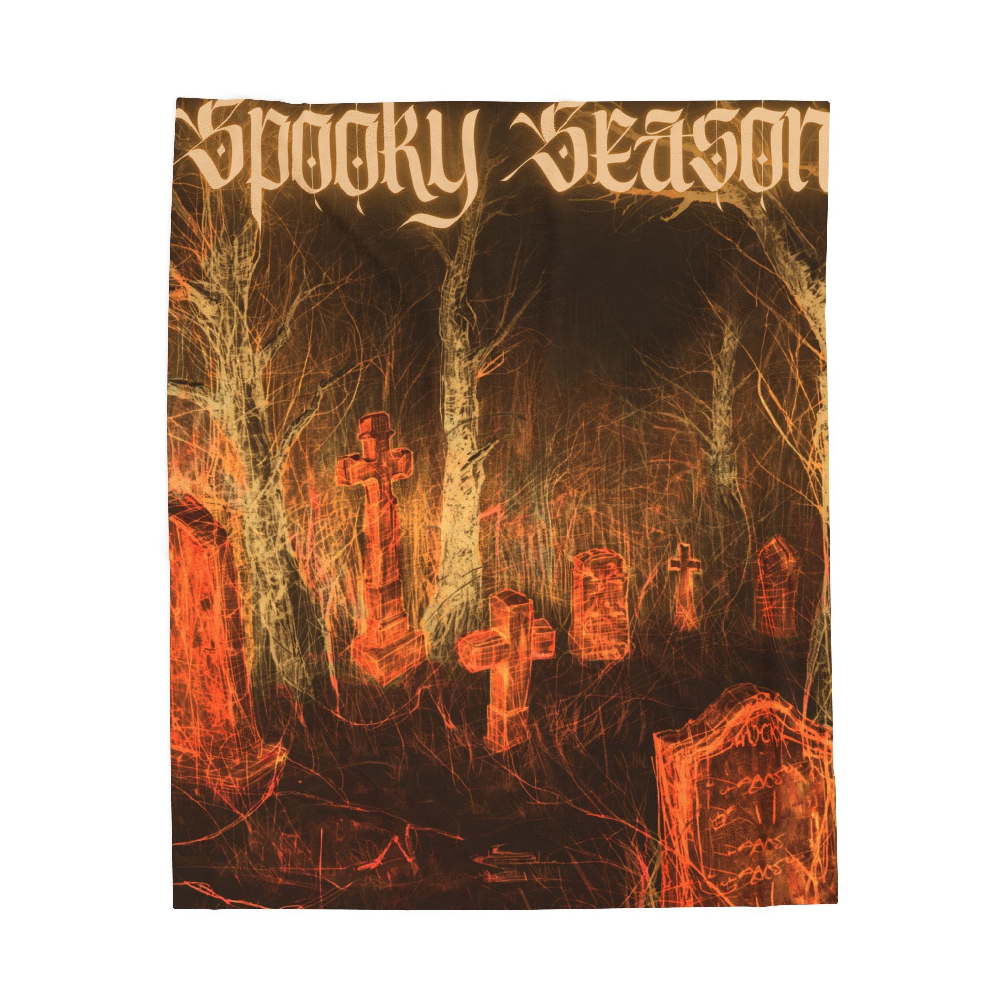 Spooky Season Graveyard Scene Velveteen Plush Blanket | Halloween Cemetery Design