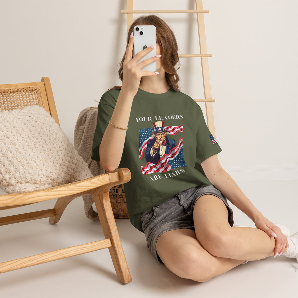 Uncle Sam pointing with American flag background Tee | Your Leaders Are Liars design