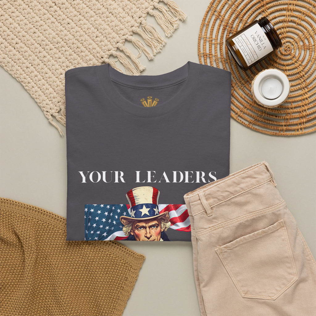Uncle Sam pointing with American flag background Tee | Your Leaders Are Liars design
