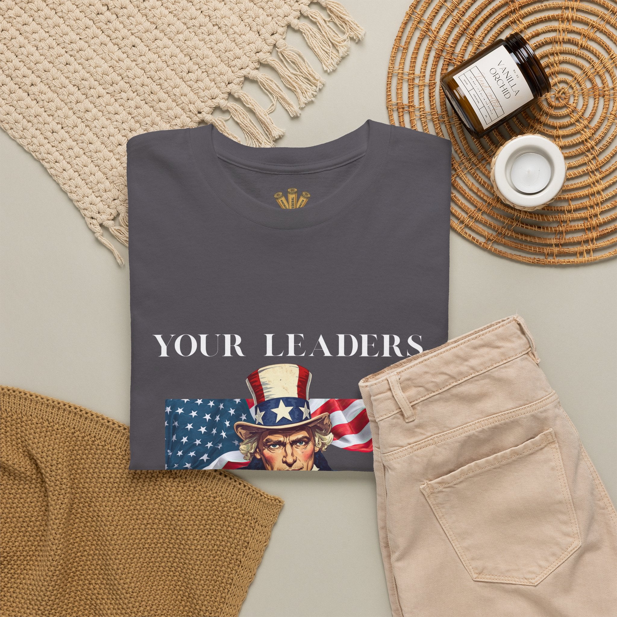 Uncle Sam pointing with American flag background Tee | Your Leaders Are Liars design