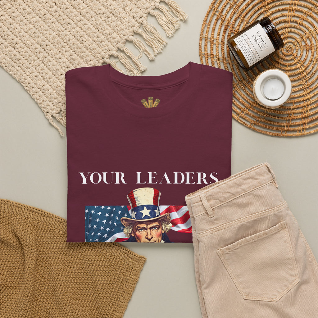Uncle Sam pointing with American flag background Tee | Your Leaders Are Liars design