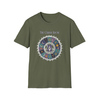 Tarot T-Shirt — "The Cards Know" Mystic Tarot Deck Circle Tee