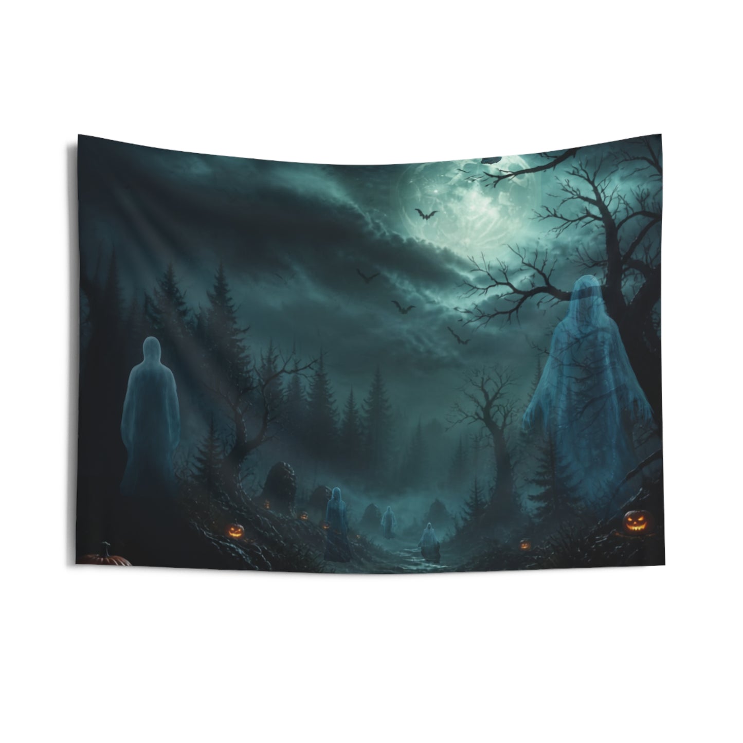 Ghostly Night Wall Tapestry — Spooky Halloween Moonlit Forest Scene