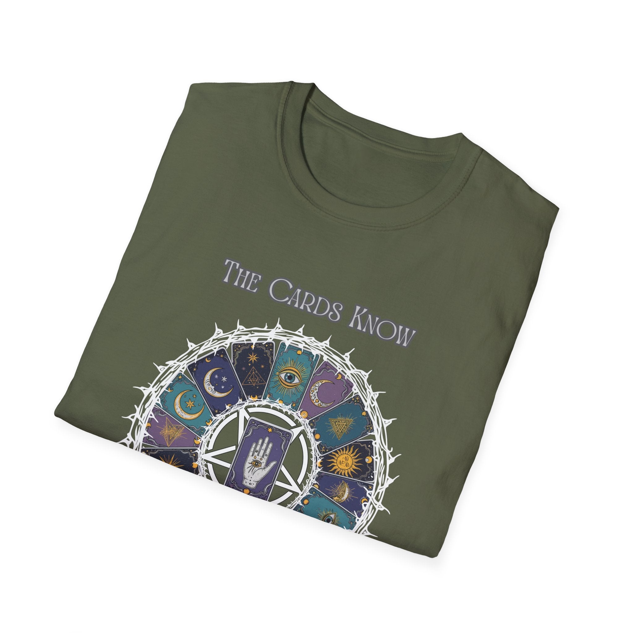 Tarot T-Shirt — "The Cards Know" Mystic Tarot Deck Circle Tee