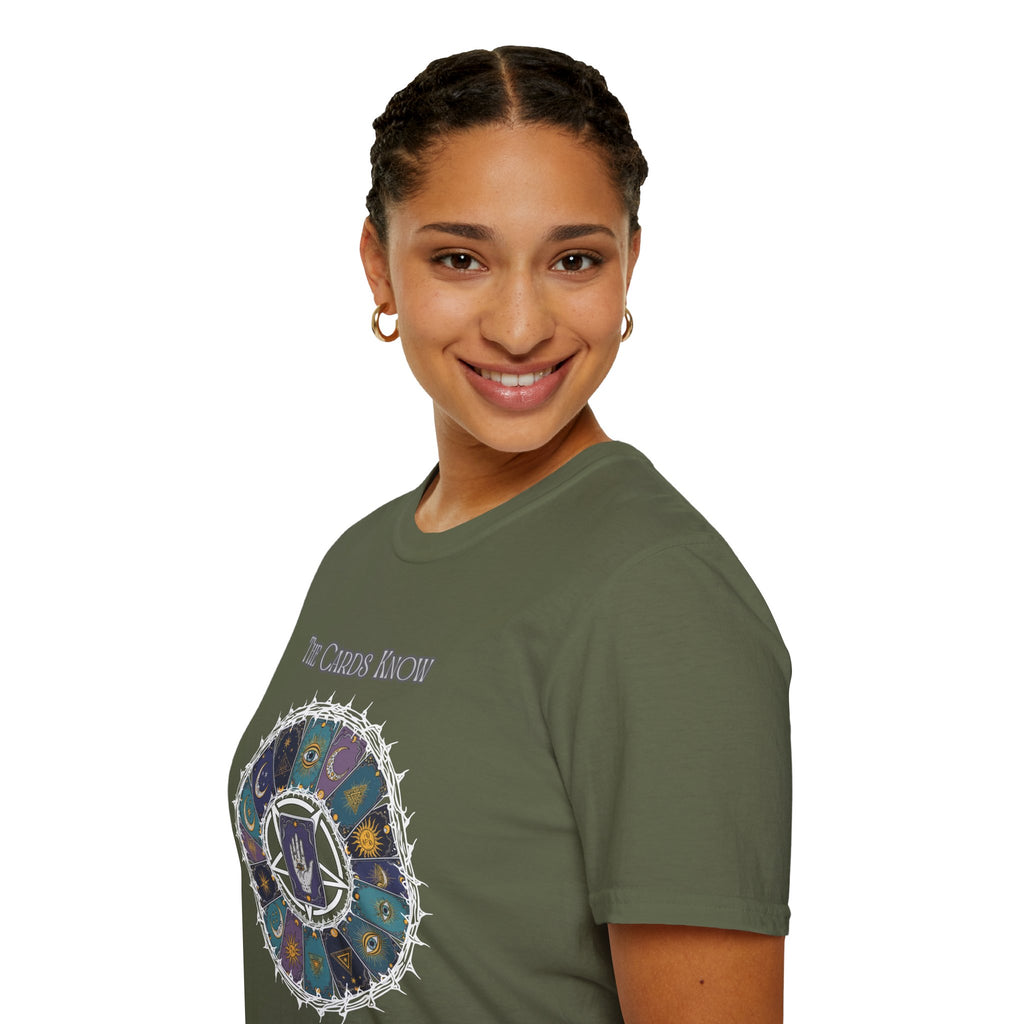 Tarot T-Shirt — "The Cards Know" Mystic Tarot Deck Circle Tee