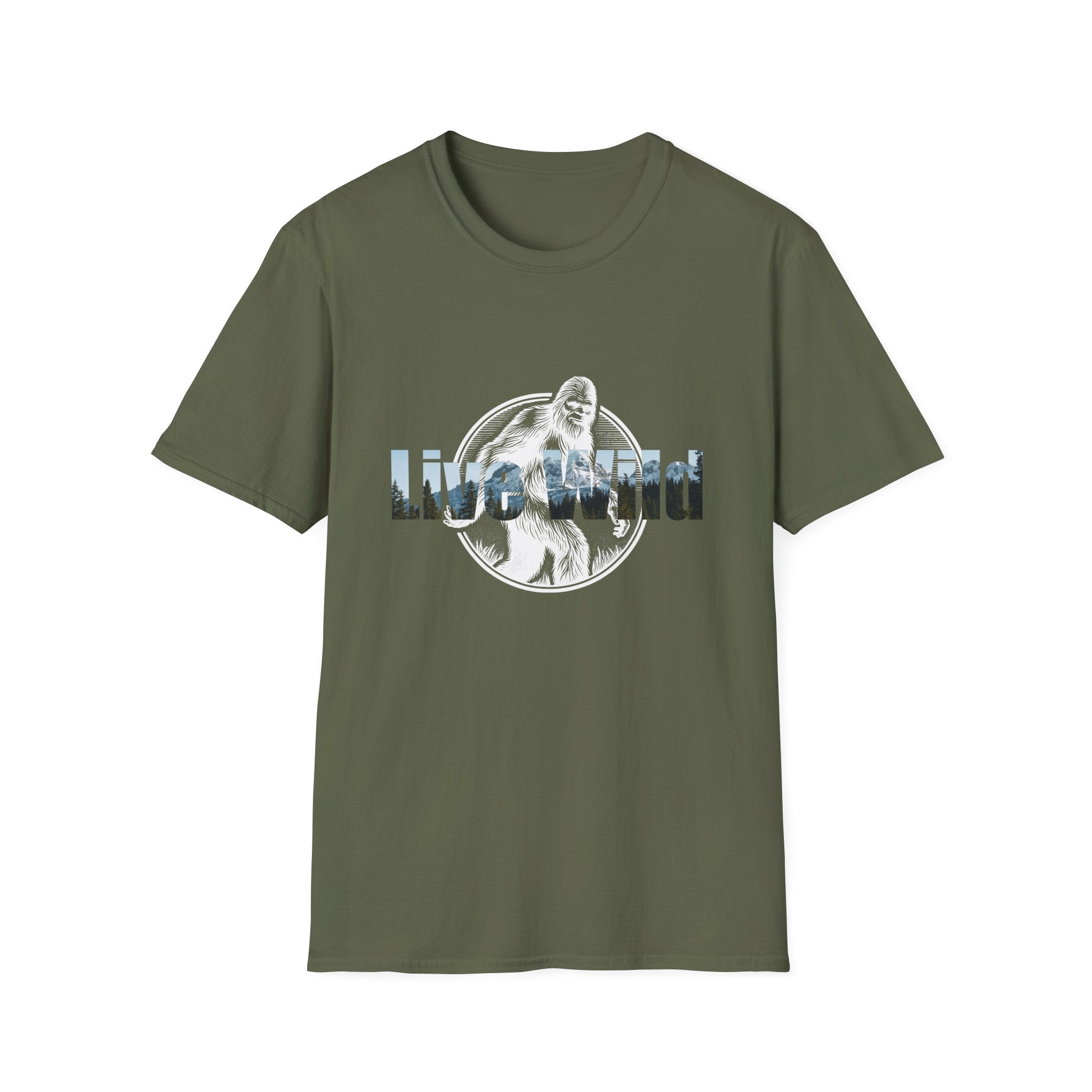 Live Wild Sasquatch T-Shirt | Forest Silhouette Retro Circle Design